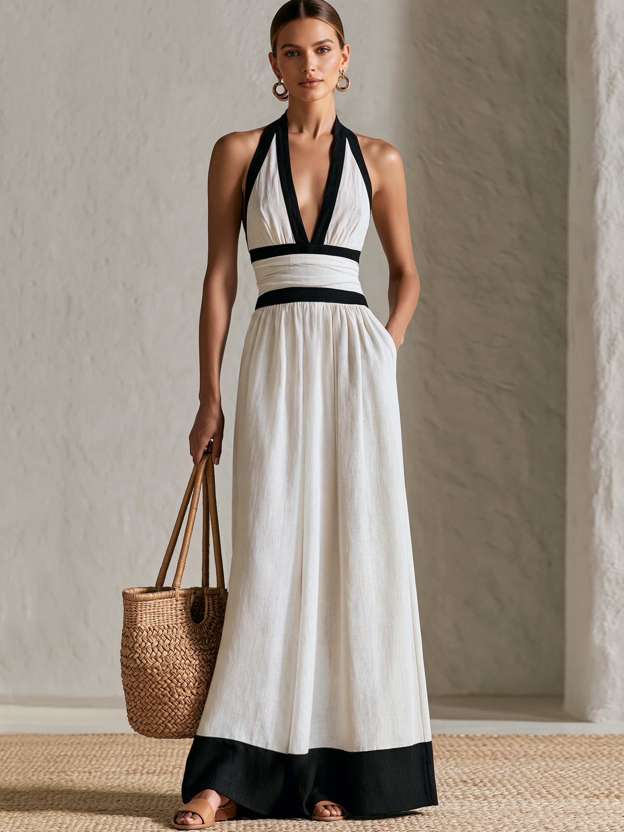 Liserie Linen Elegant  Black & White Halter V Neck Maxi Dress