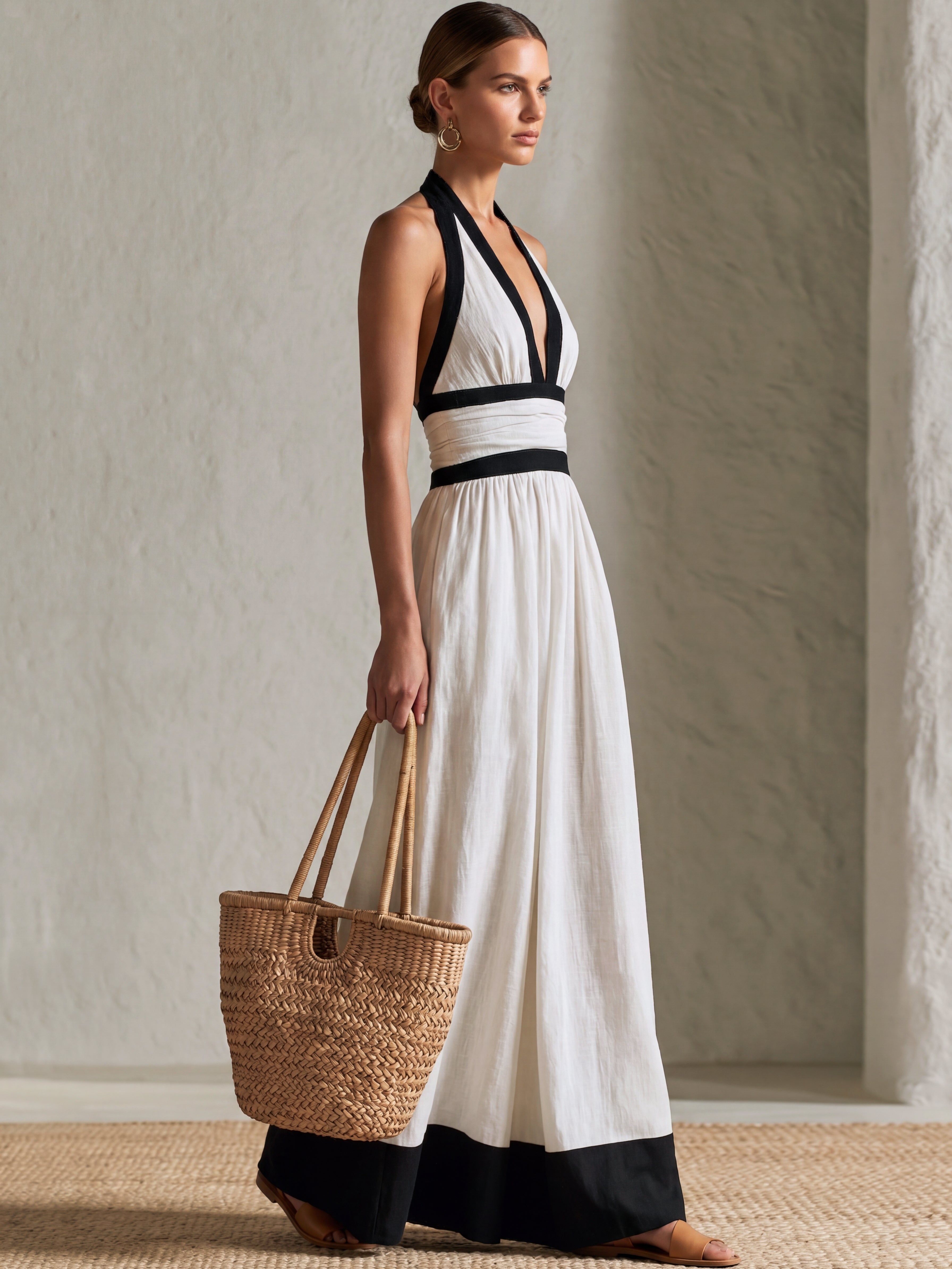 Liserie Linen Elegant  Black & White Halter V Neck Maxi Dress