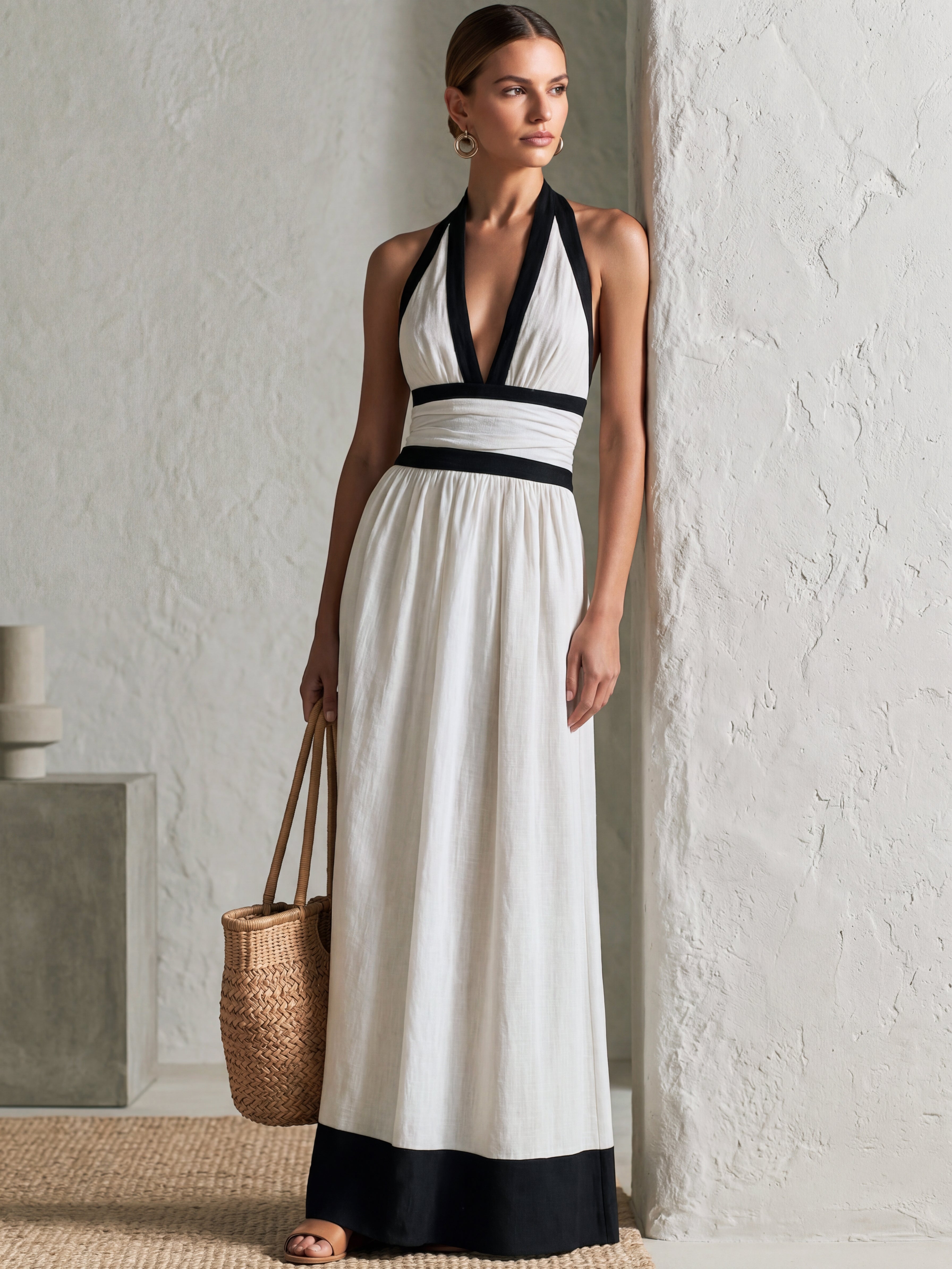 Liserie Linen Elegant  Black & White Halter V Neck Maxi Dress