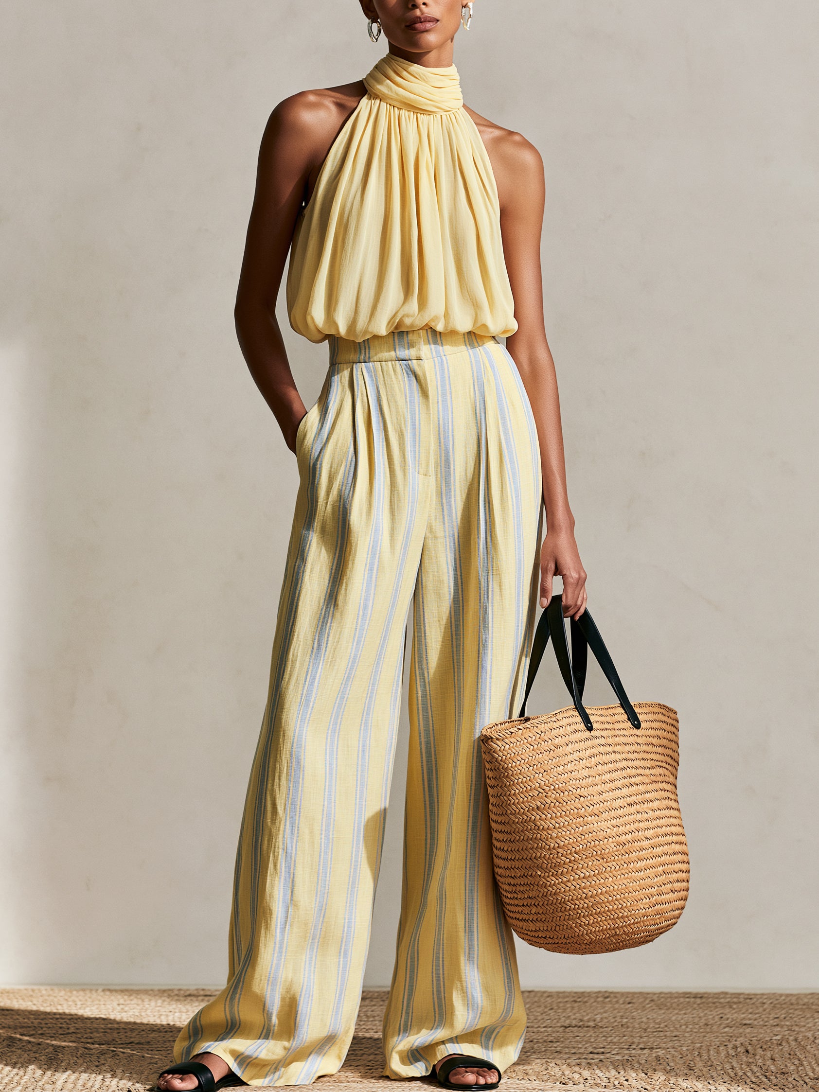 Liserie Pastel Yellow Halter Top & Striped Trousers Set