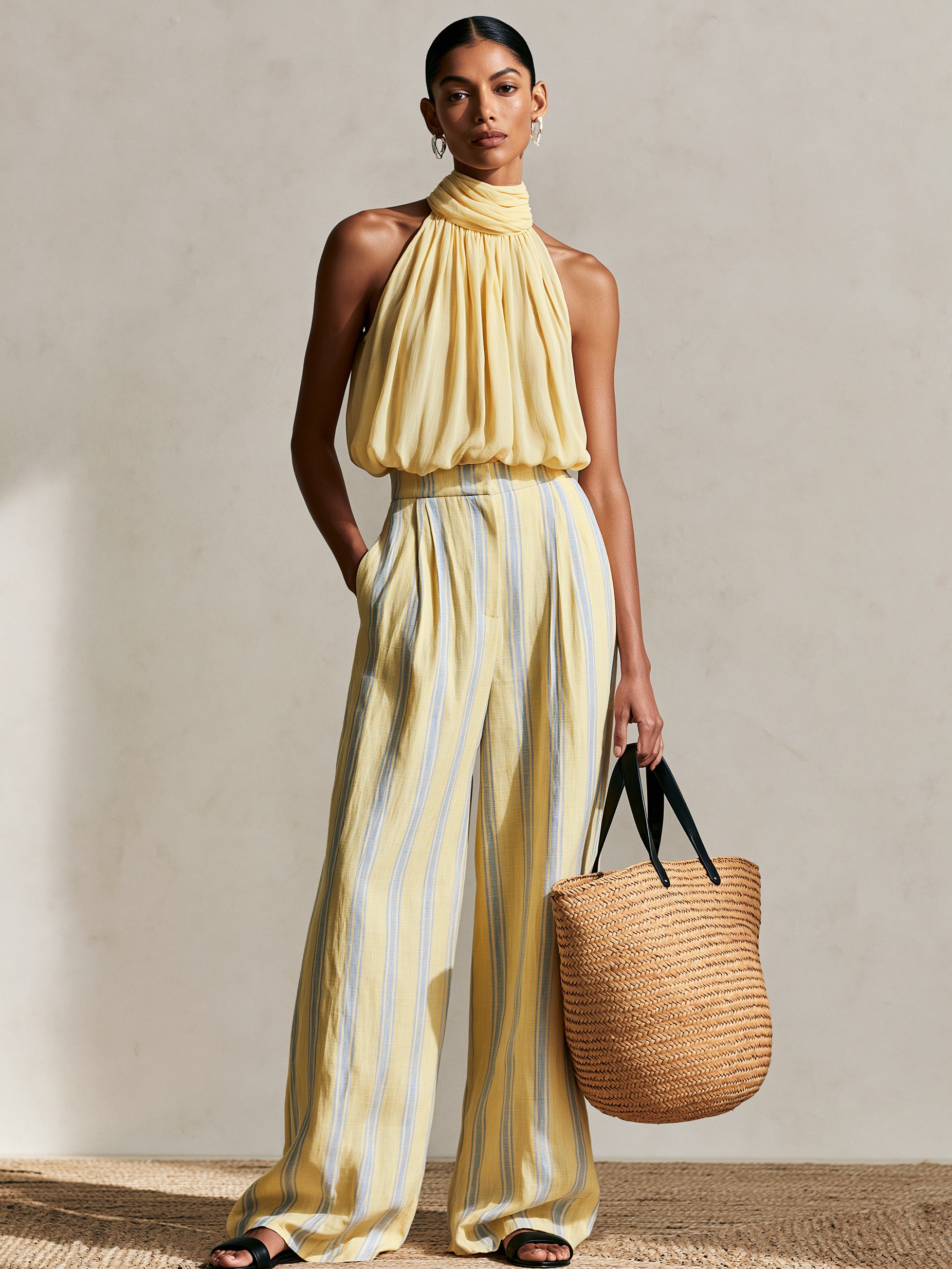 Liserie Pastel Yellow Halter Top & Striped Trousers Set