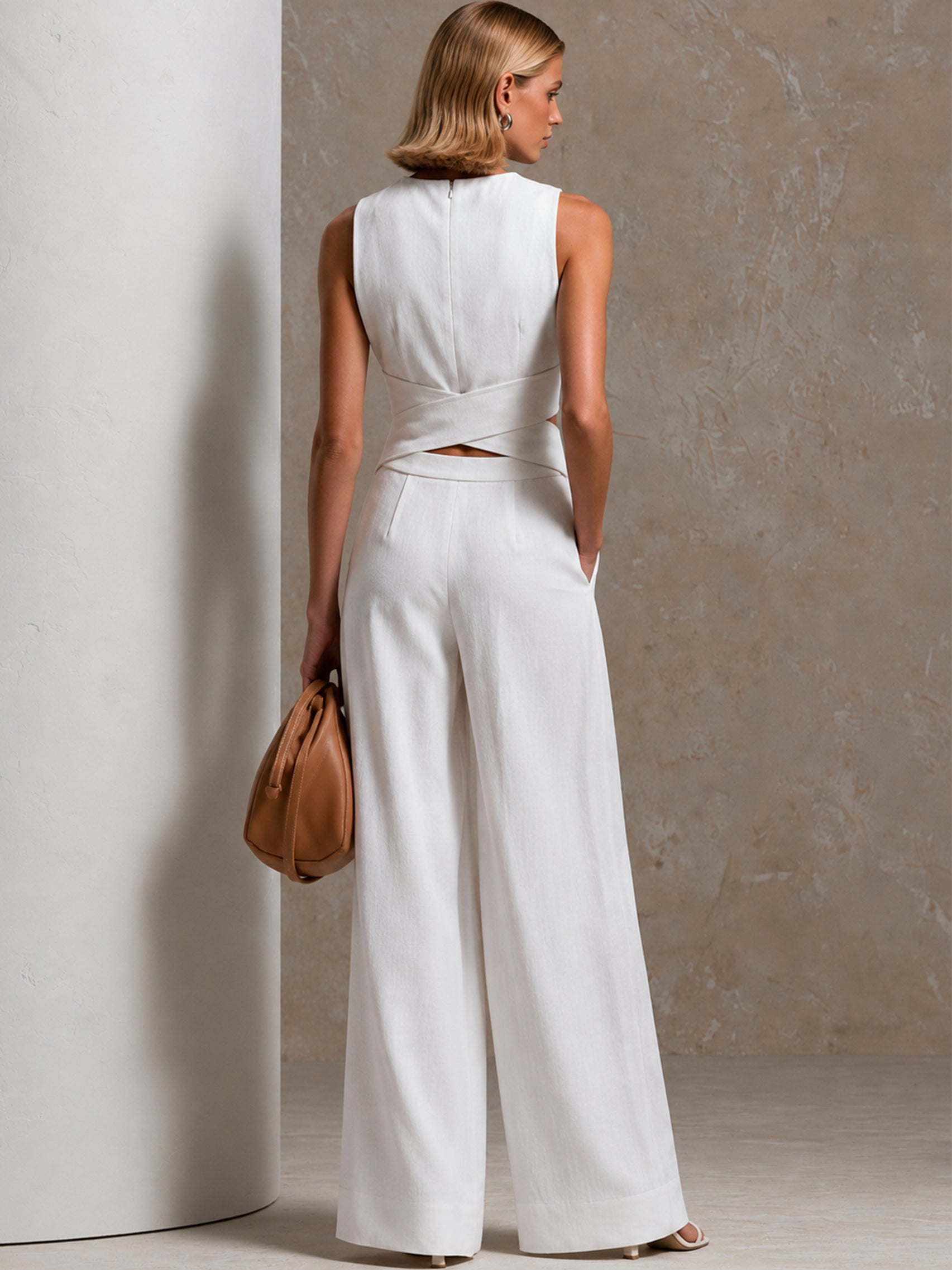 Liserie Ivory Linen Cutout Top & Wide Leg Pants Set