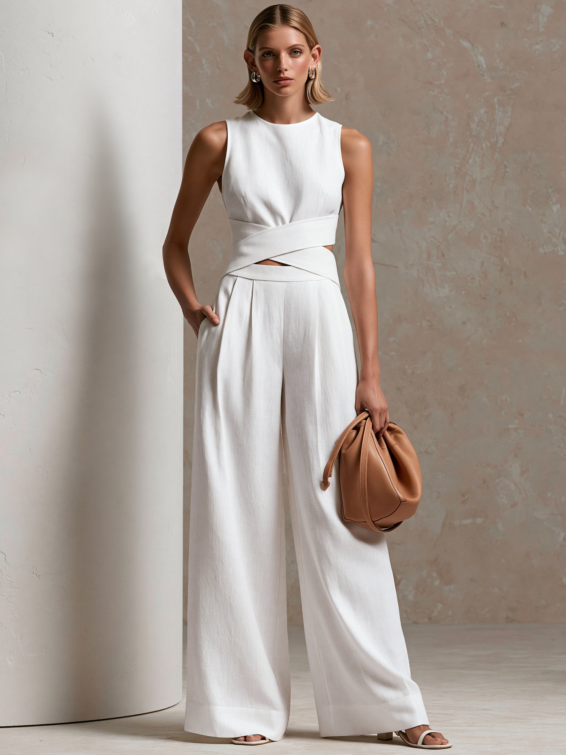 Liserie Ivory Linen Cutout Top & Wide Leg Pants Set