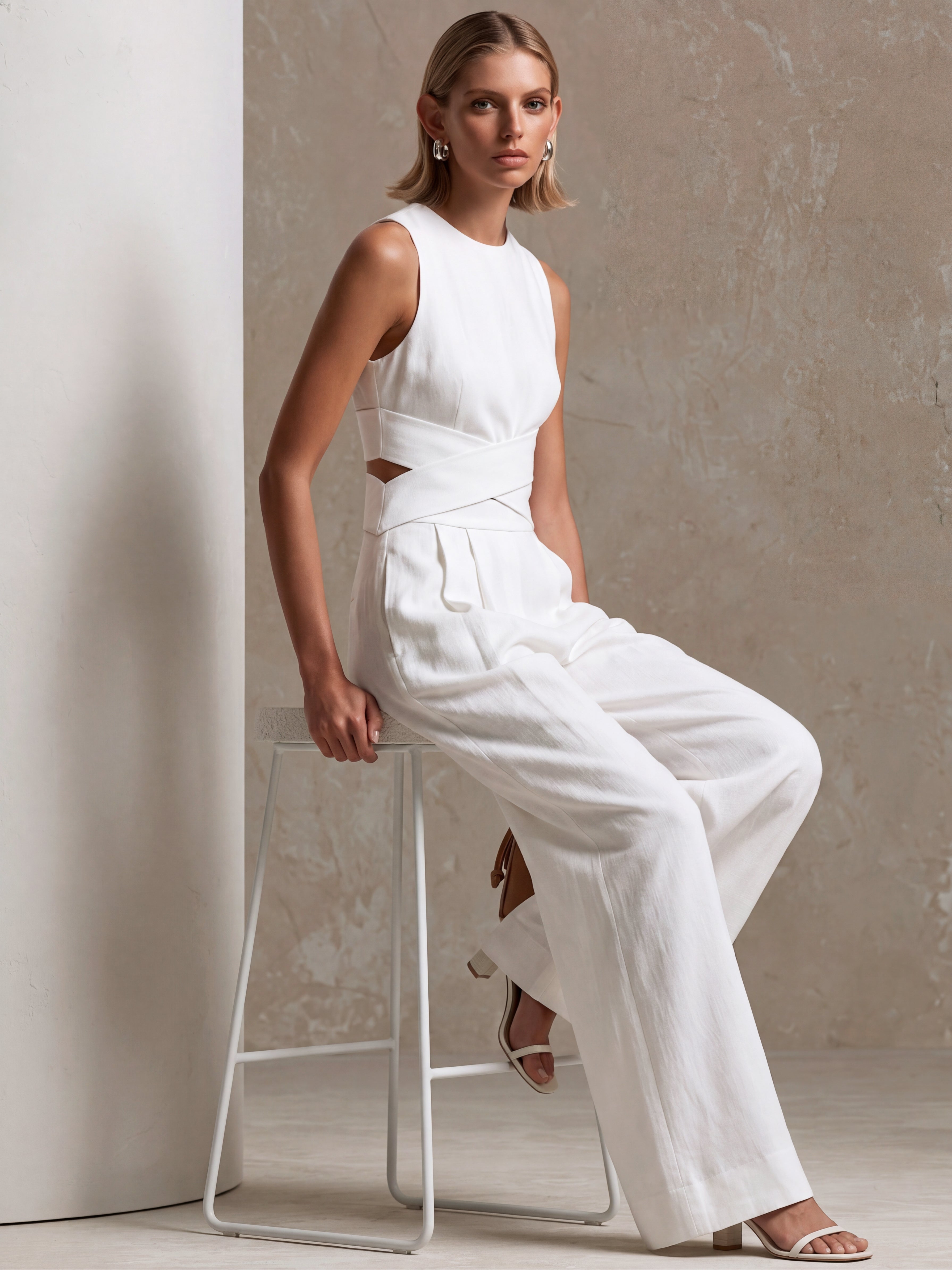 Liserie Ivory Linen Cutout Top & Wide Leg Pants Set