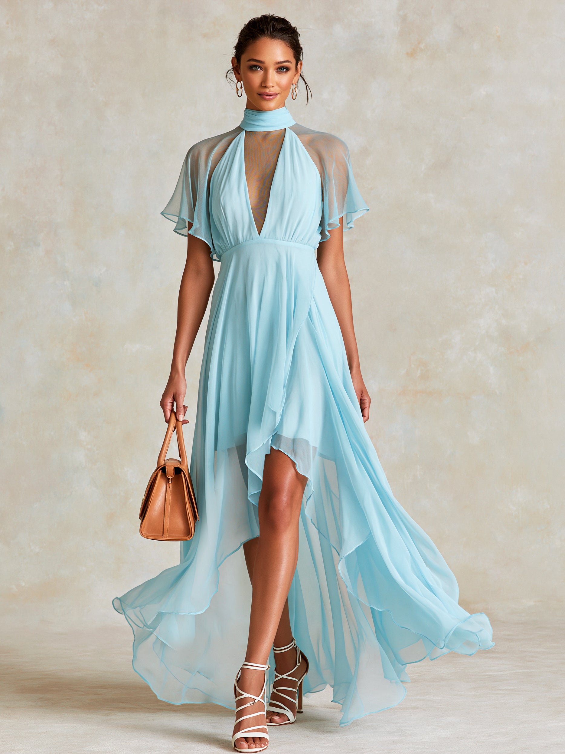 Liserie Sky Blue Chiffon Halter Neck Maxi Dress