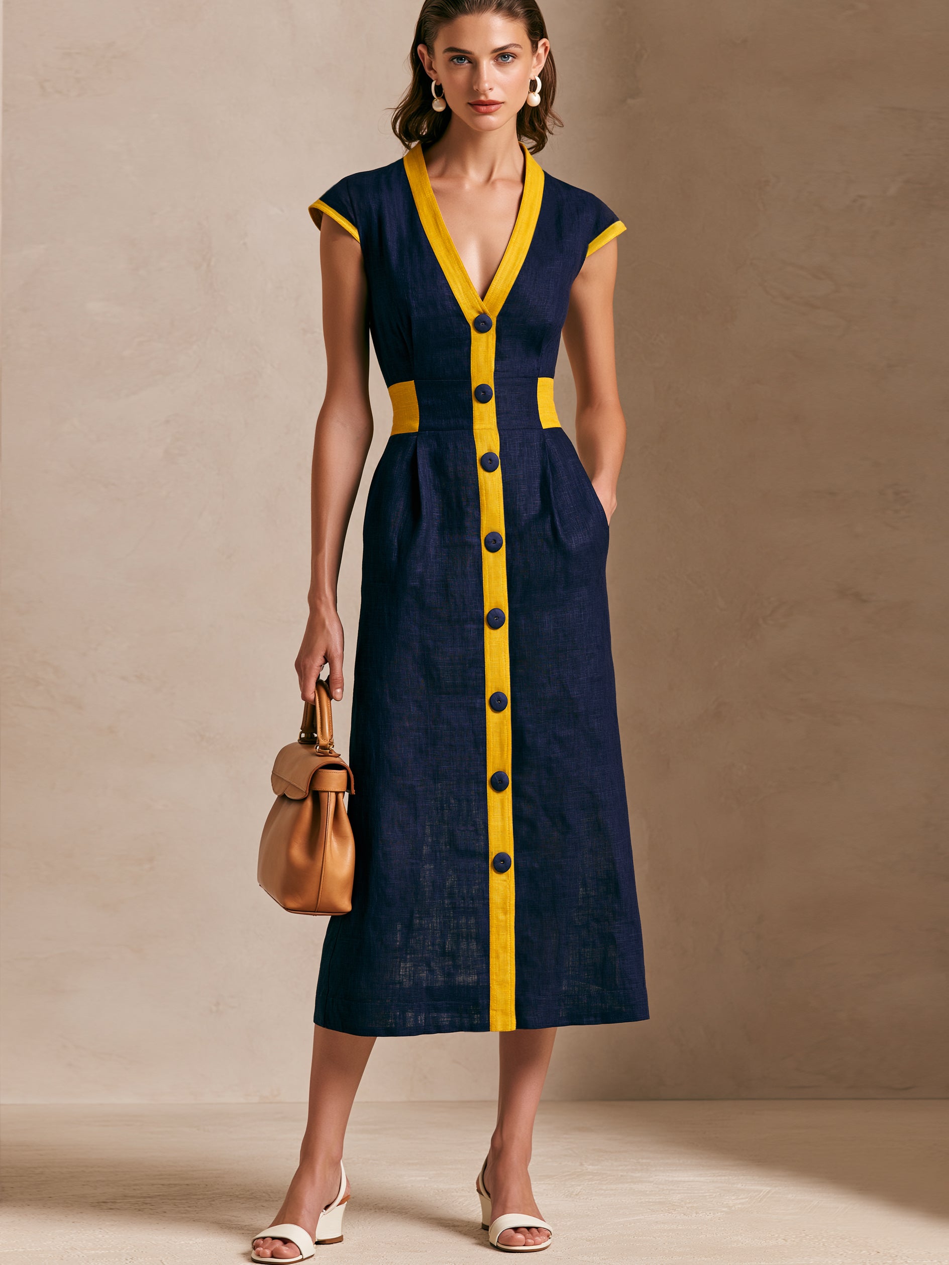 Liserie Linen Navy & Yellow Trim  Midi Dress