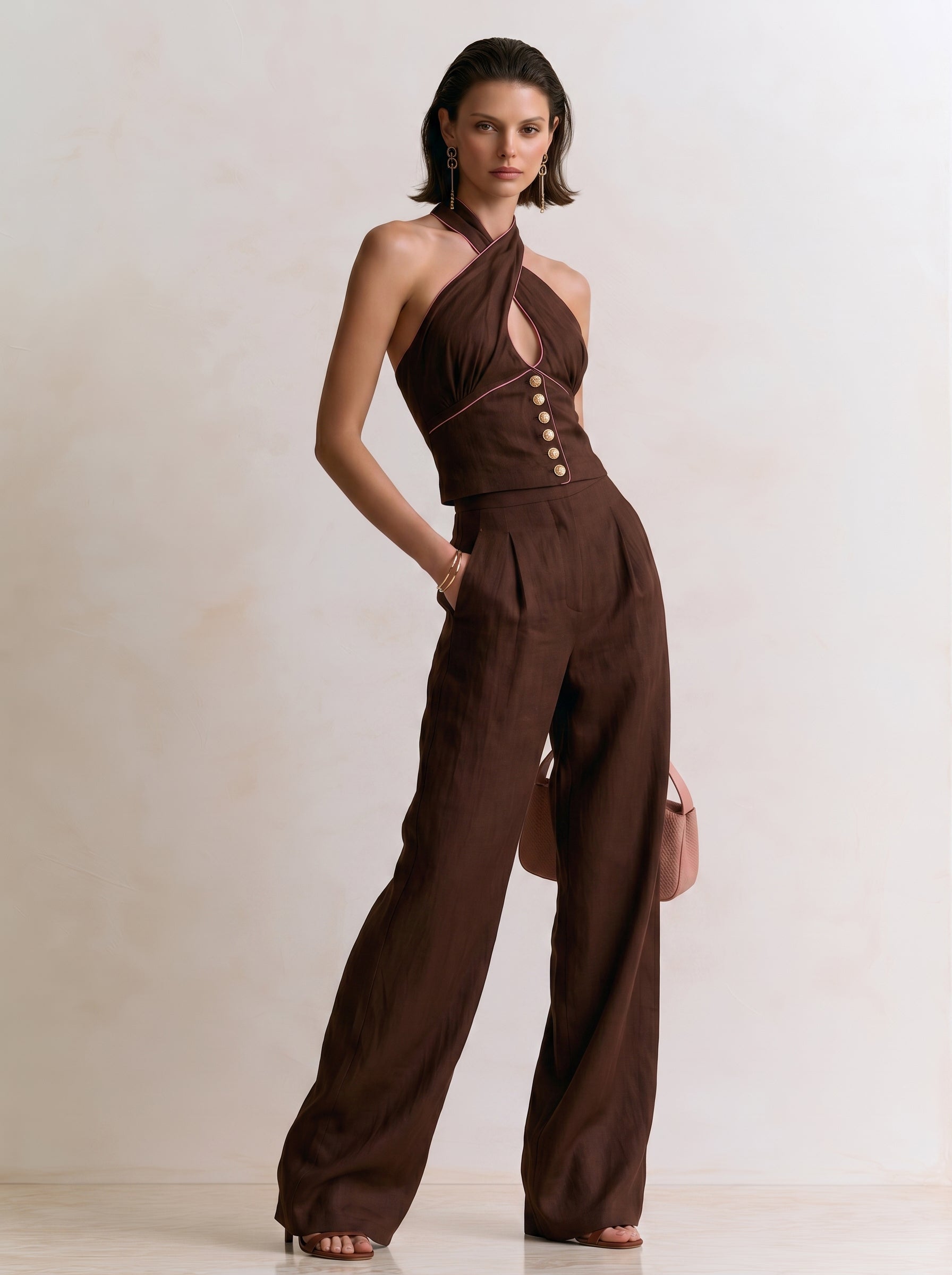 Liserie Cotton-Linen Crossover Halter Set