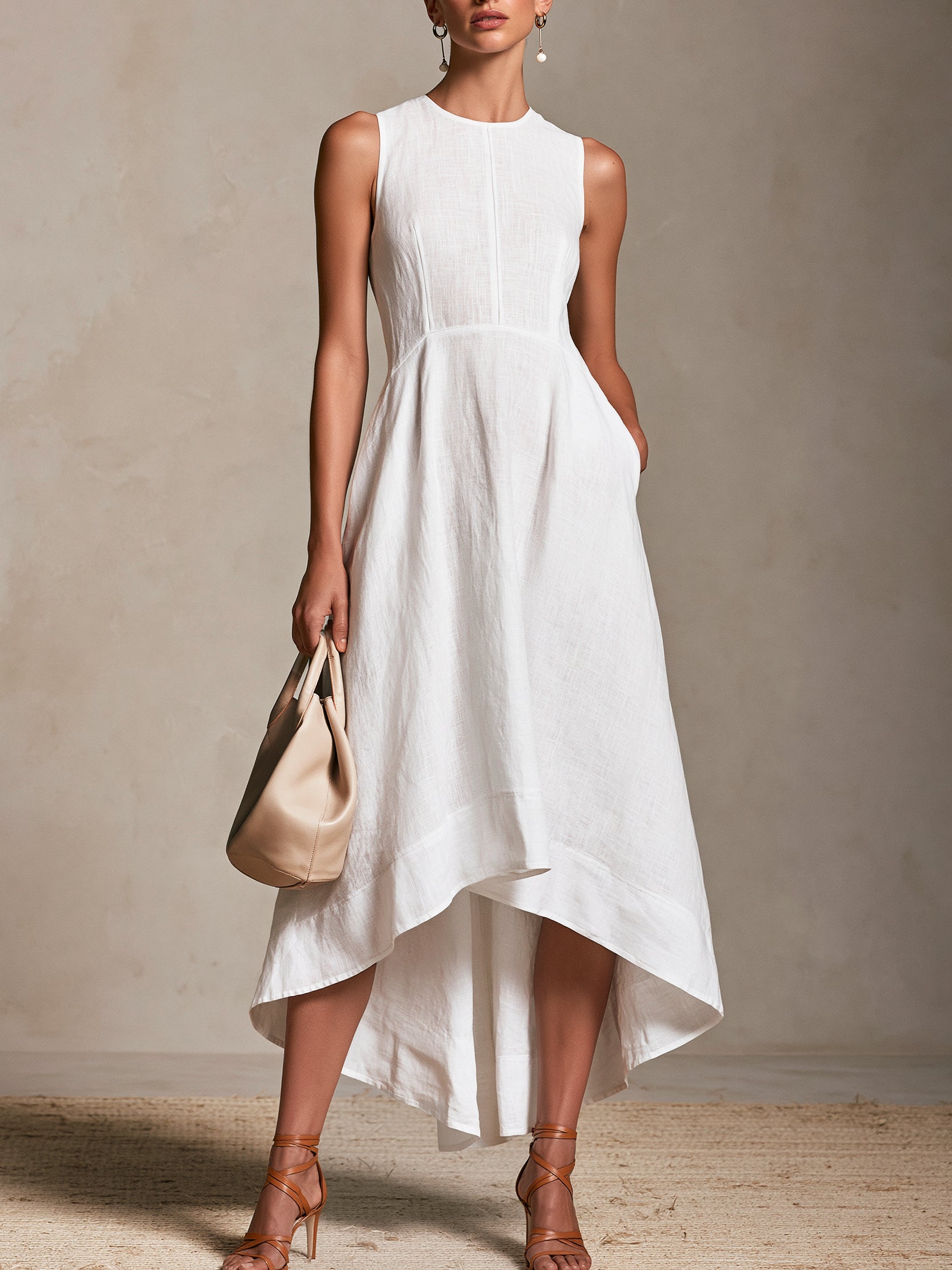 Liserie Linen White Irregular Hem A-Line Dress