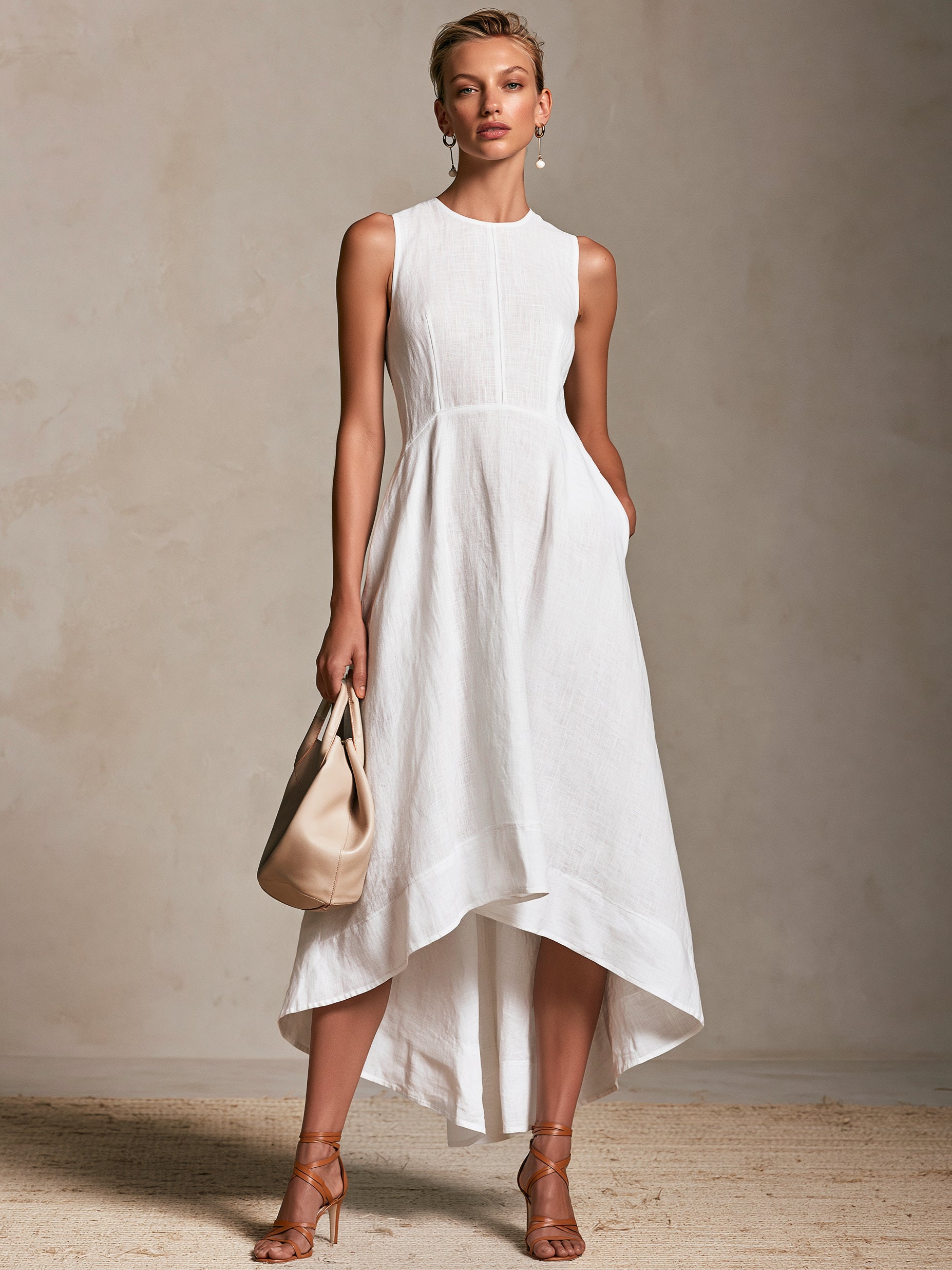 Liserie Linen White Irregular Hem A-Line Dress