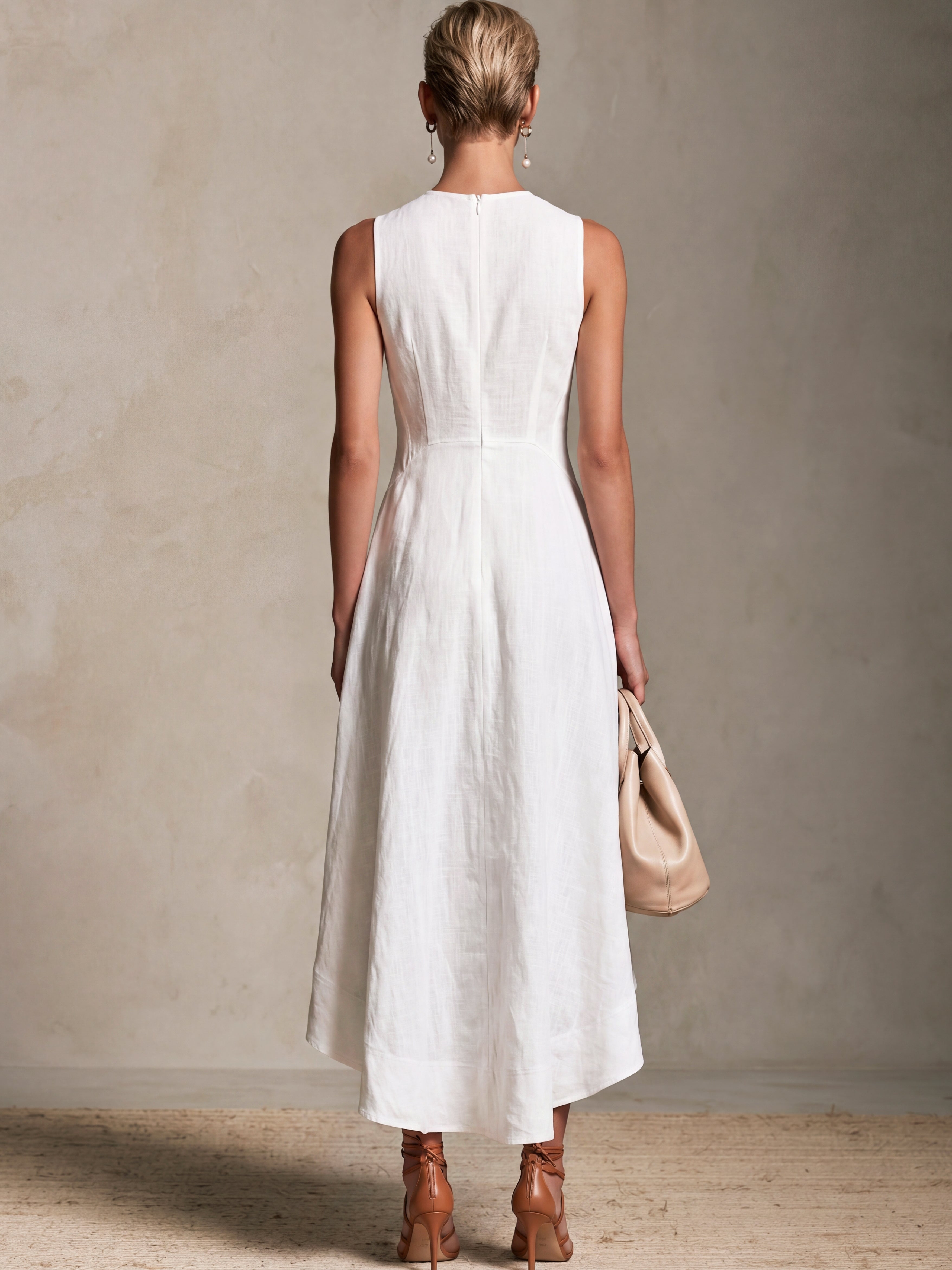 Liserie Linen White Irregular Hem A-Line Dress
