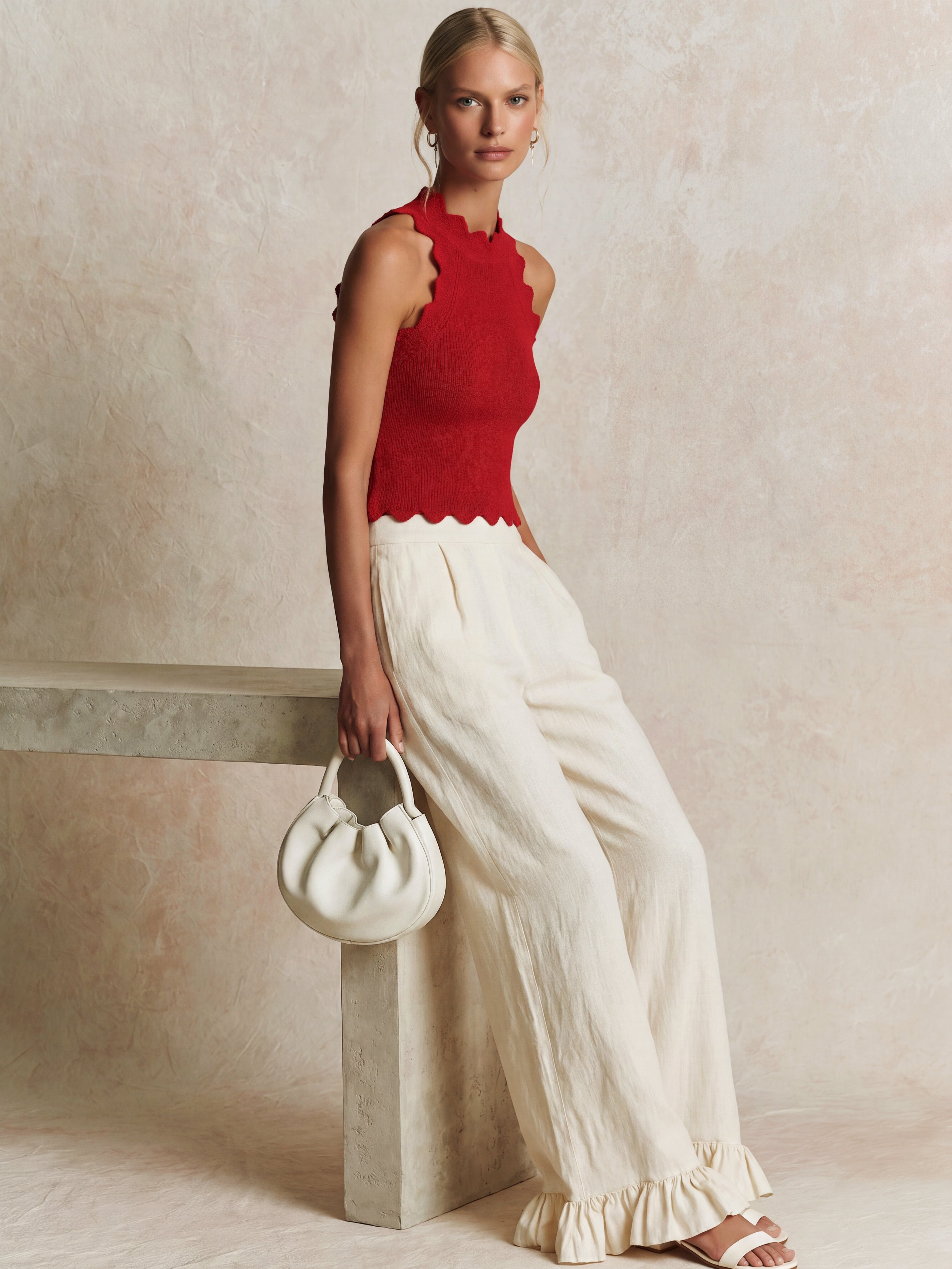 Liserie Red Knit Halter Top & Linen Ruffle Hem Pants Set
