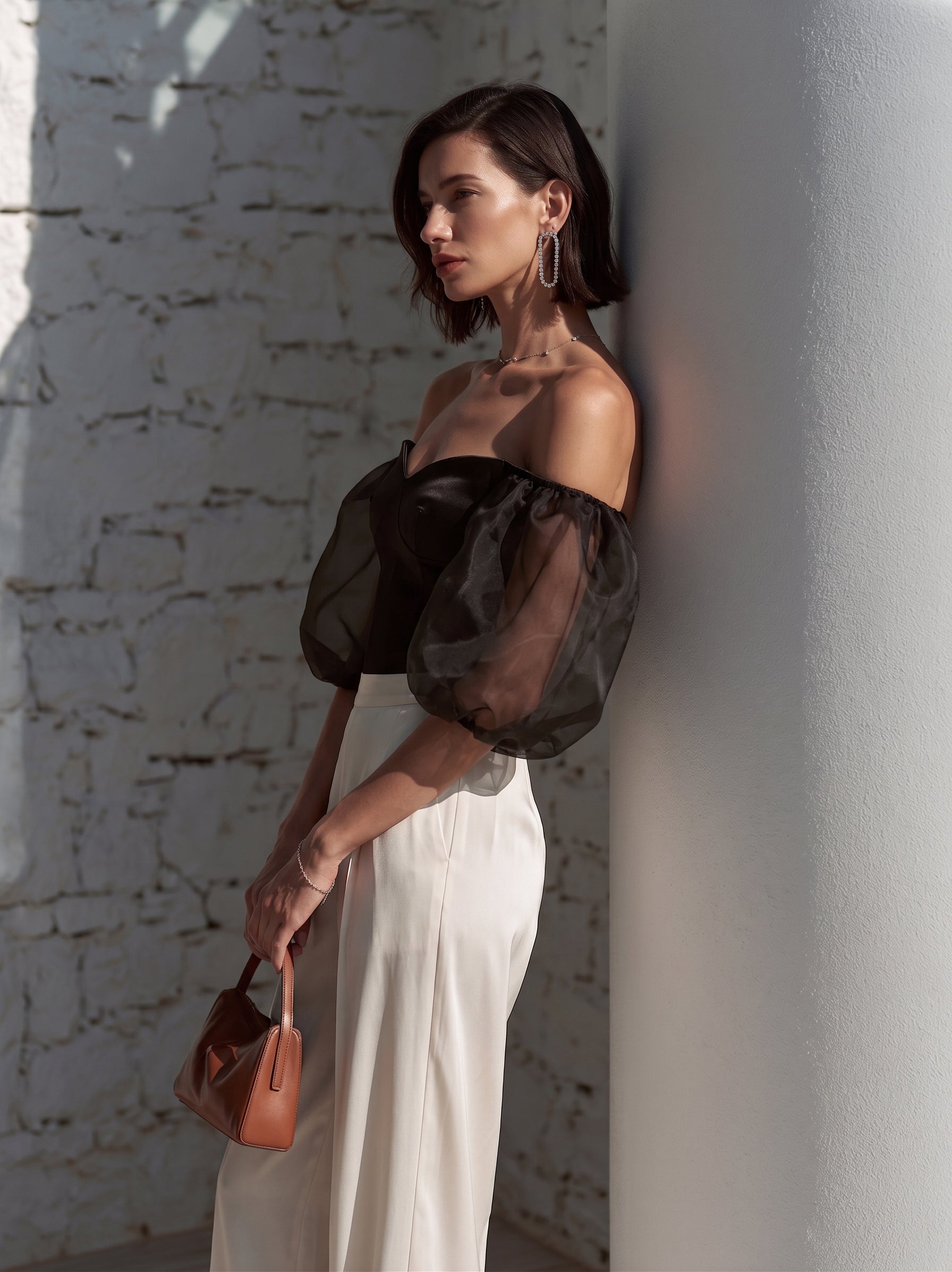 Liserie Noir Satin Organza Puff Sleeve Top