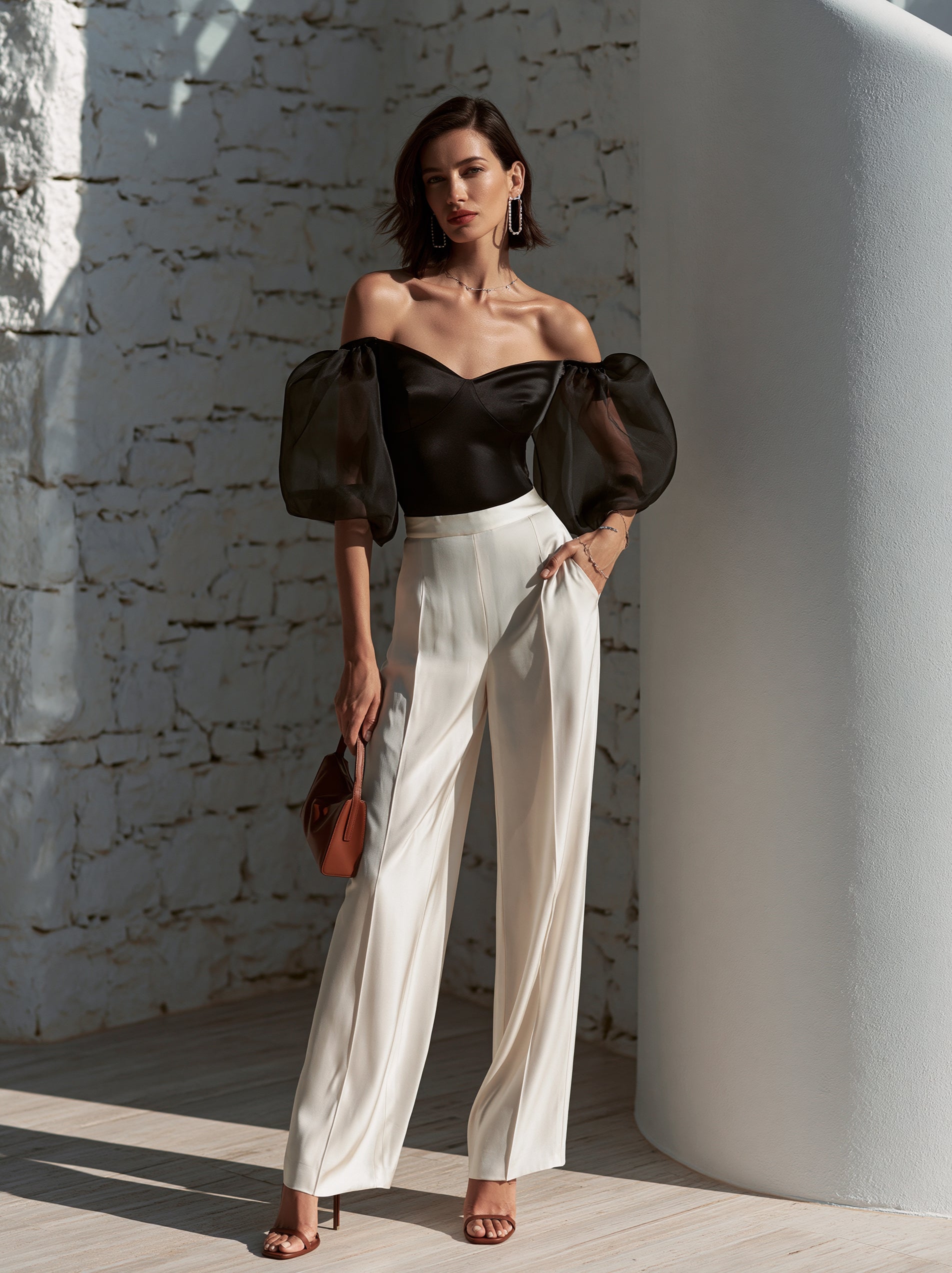Liserie Noir Satin Organza Puff Sleeve Top