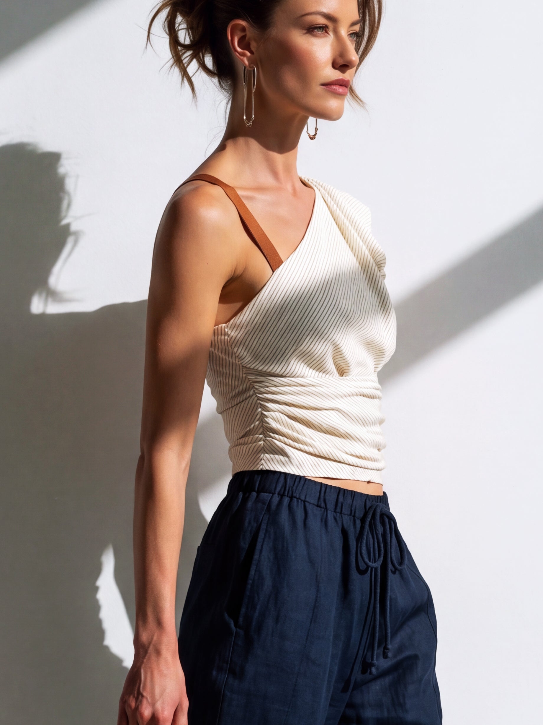 Liserie Striped One-Shoulder Ruched Top Shirt