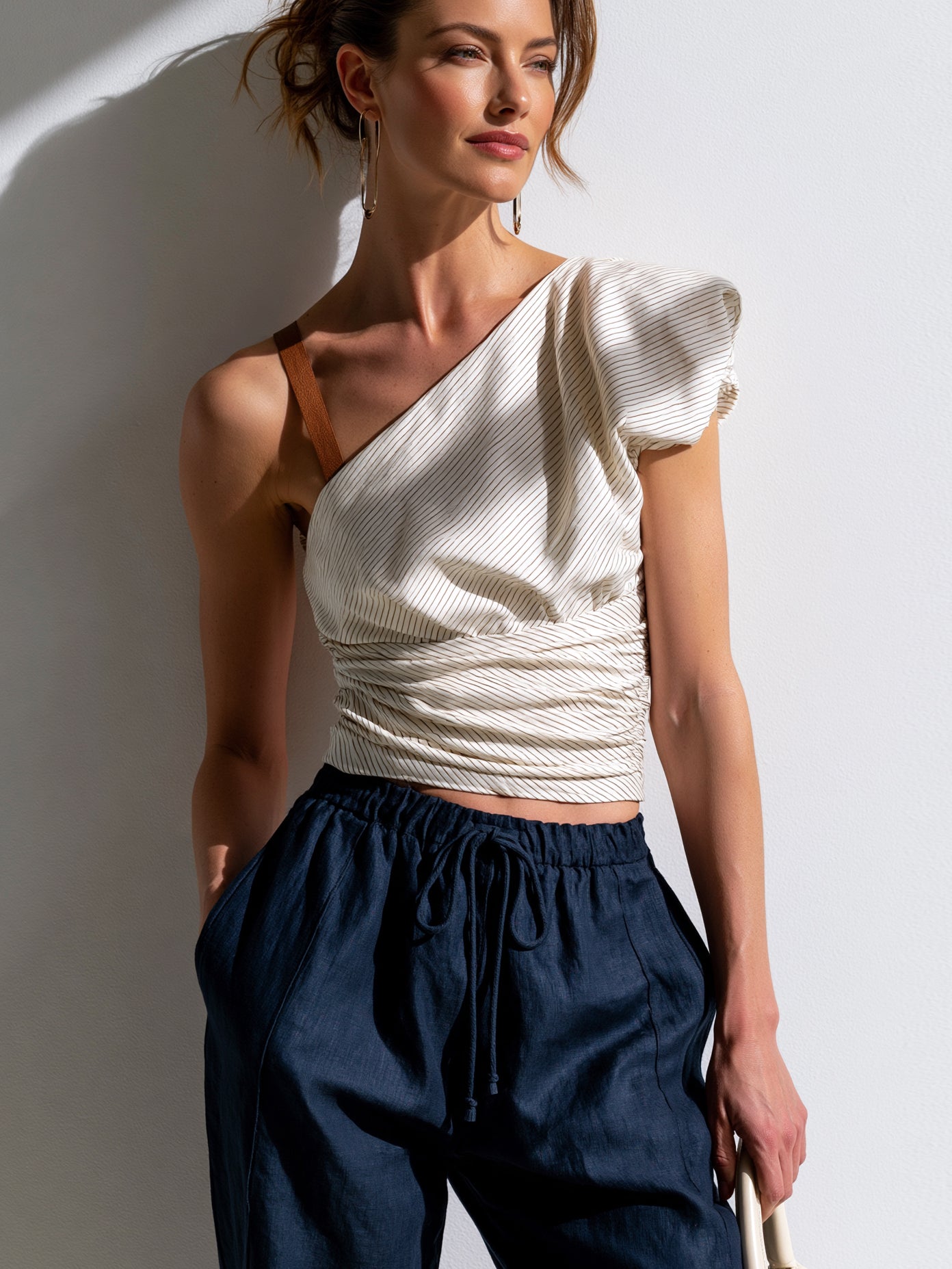 Liserie Striped One-Shoulder Ruched Top Shirt