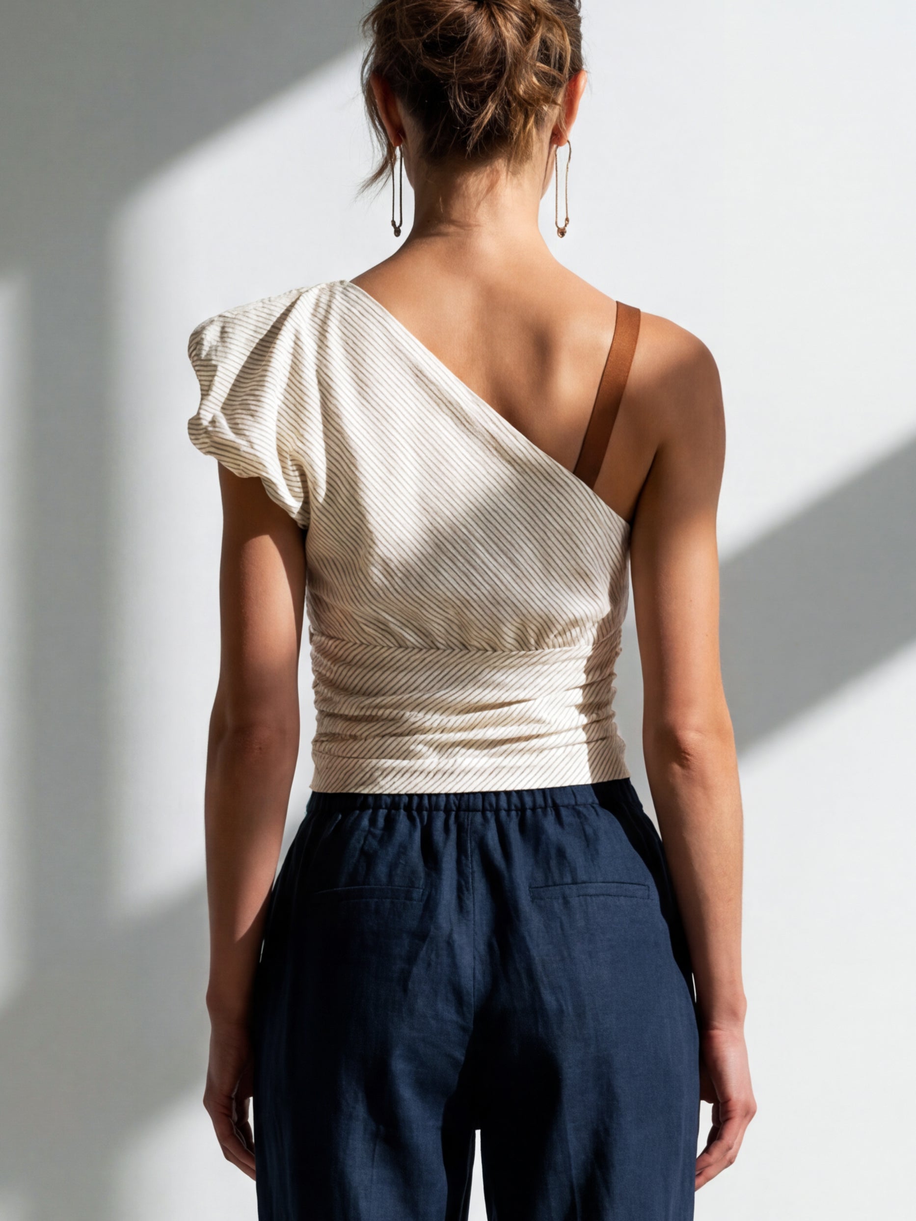 Liserie Striped One-Shoulder Ruched Top Shirt