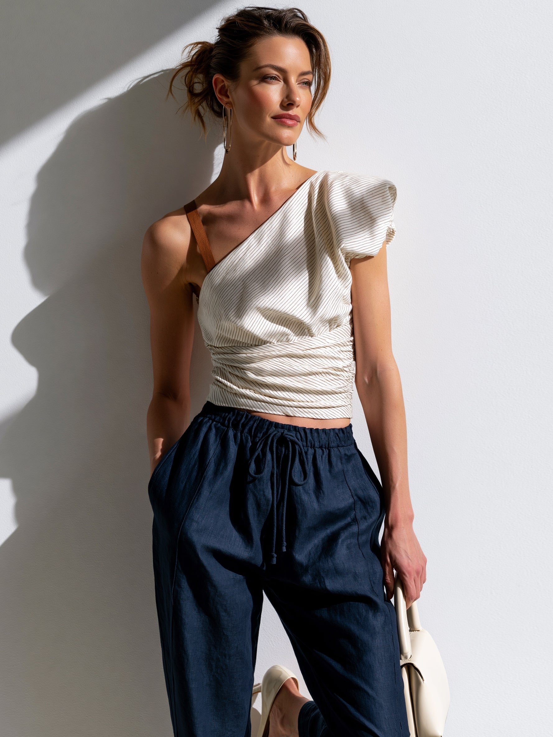Liserie Striped One-Shoulder Ruched Top Shirt