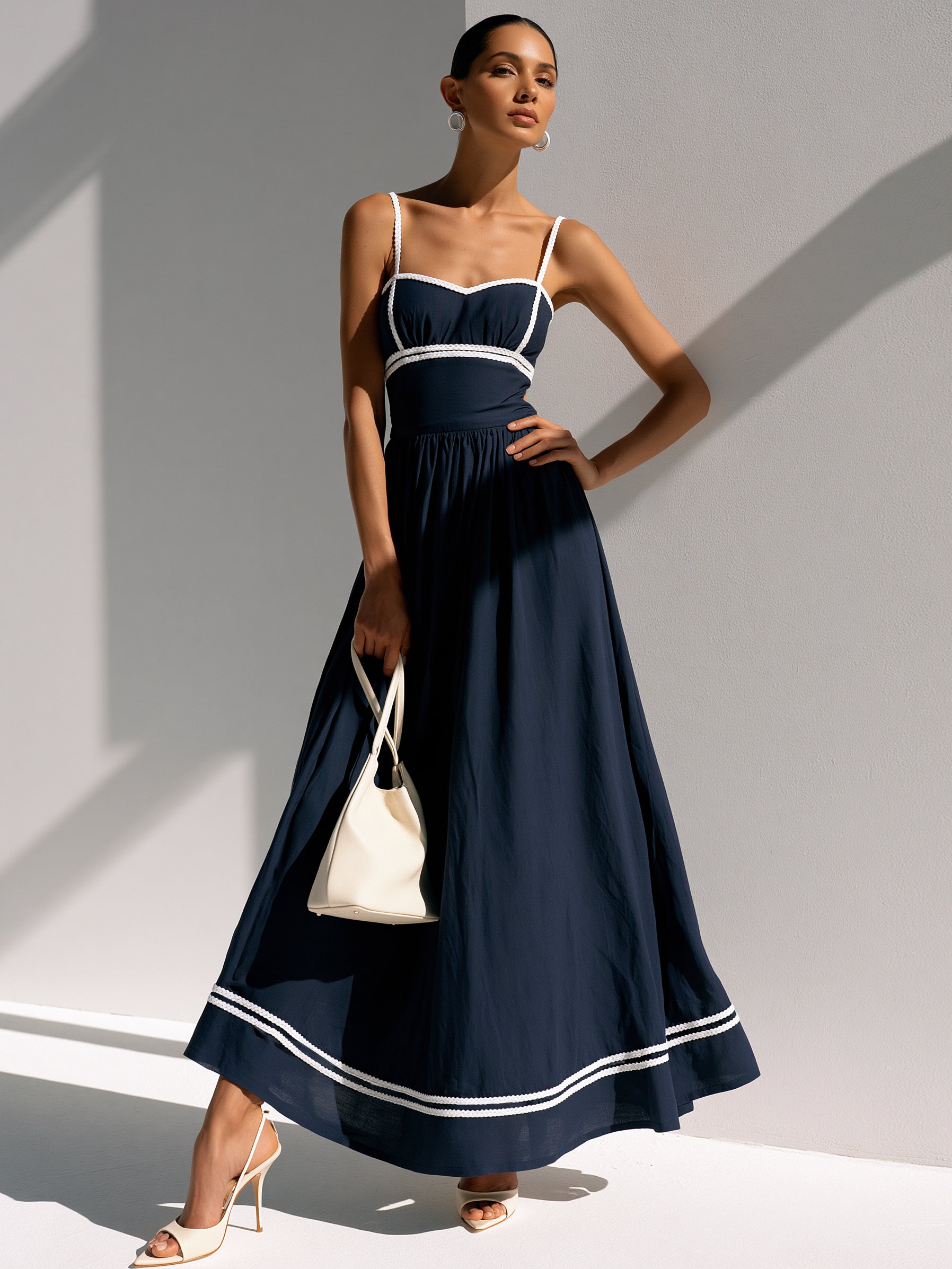 Liserie Cotton Navy Maxi Dress With Contrast Trim