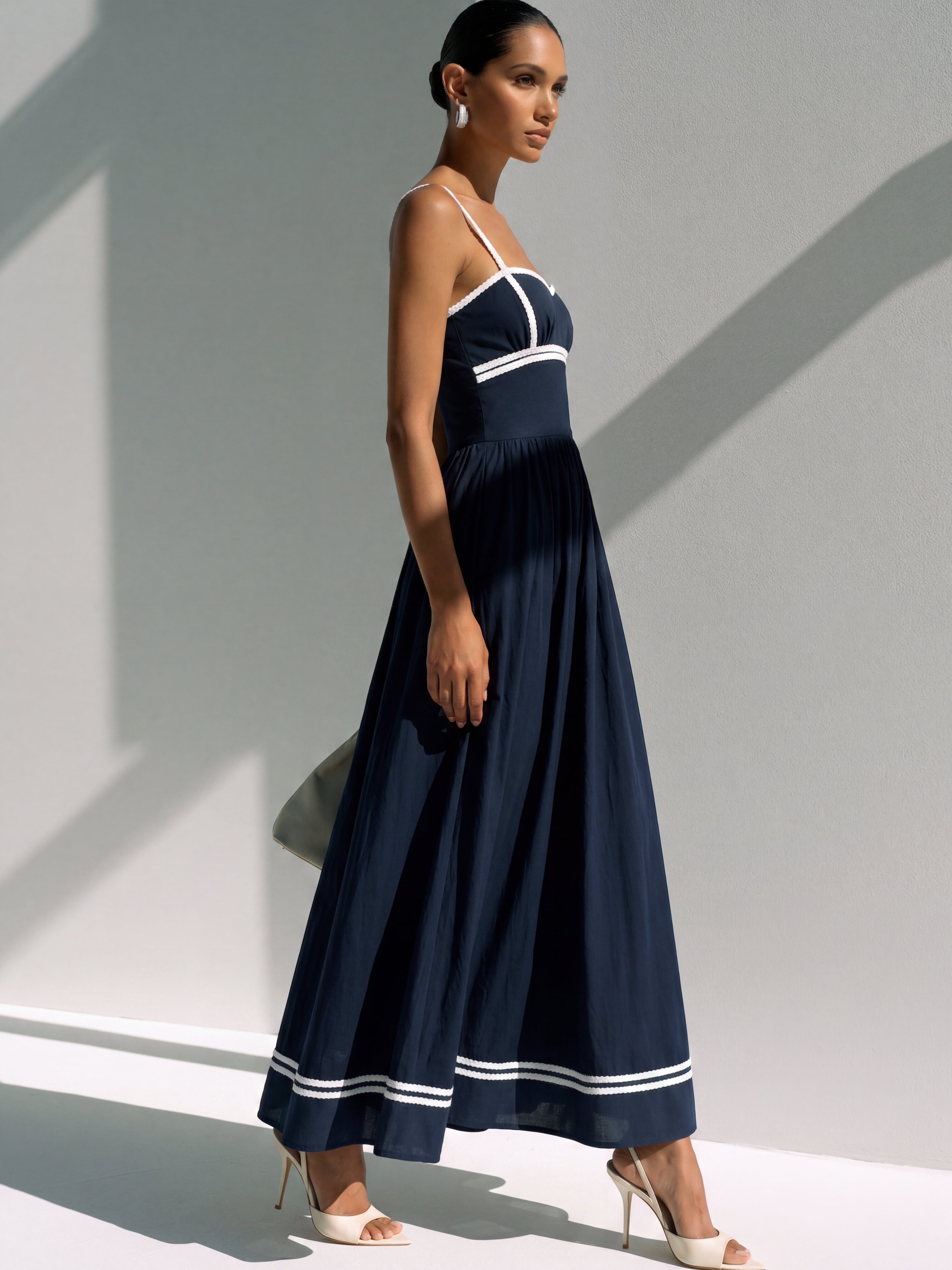 Liserie Cotton Navy Maxi Dress With Contrast Trim