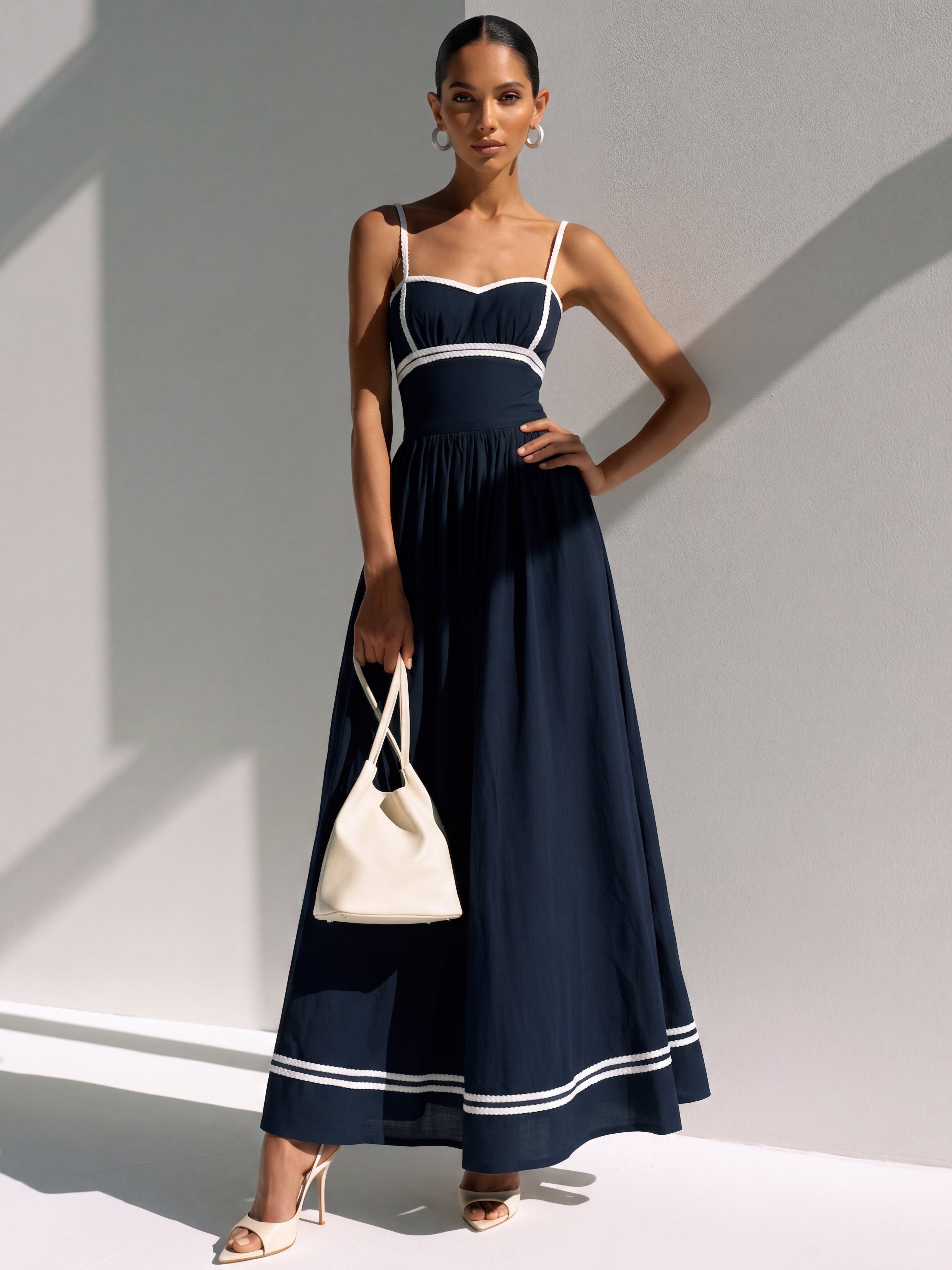Liserie Cotton Navy Maxi Dress With Contrast Trim