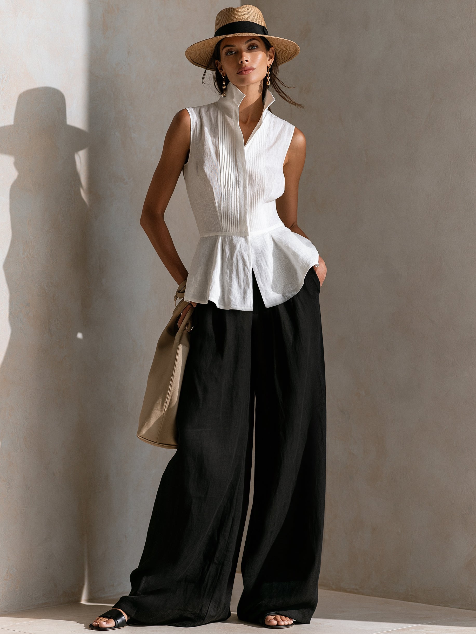 Liserie Linen Pleated Peplum Sleeveless Blouse & Trousers Set