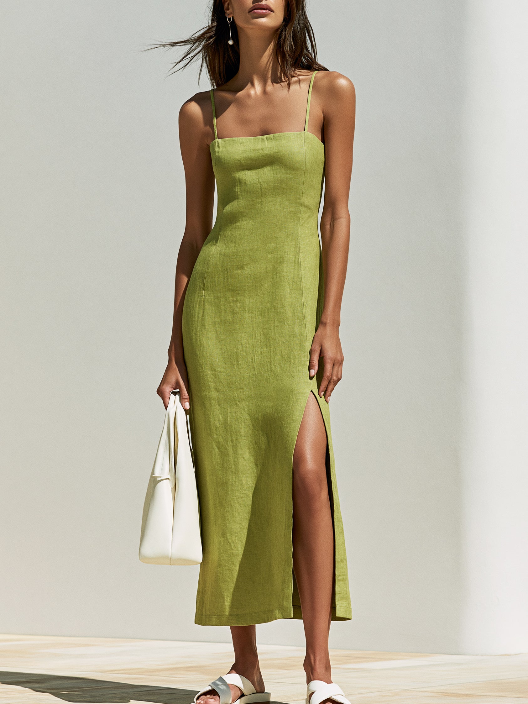 Liserie Linen Lime Green Slip Midi Dress