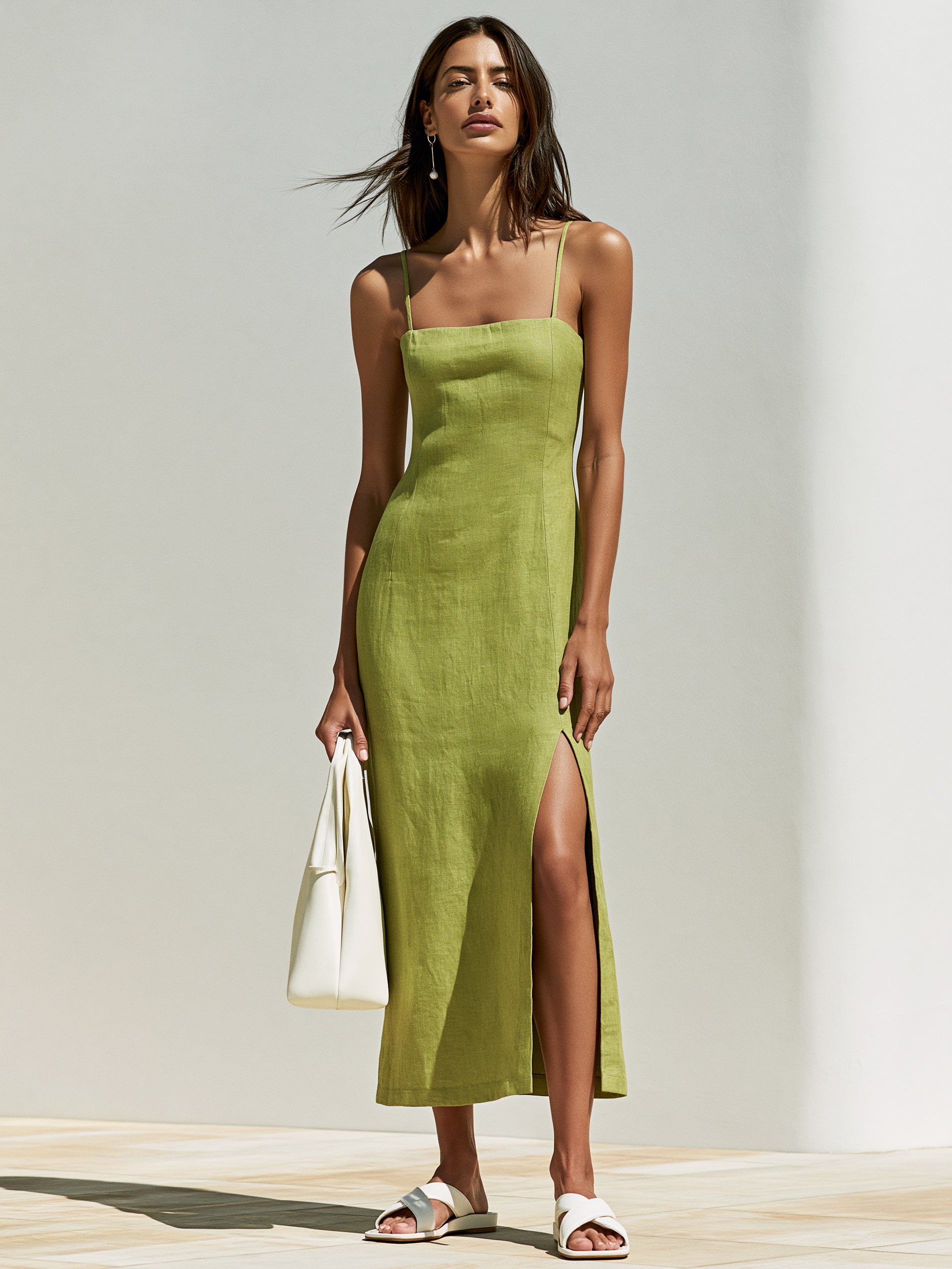 Liserie Linen Lime Green Slip Midi Dress