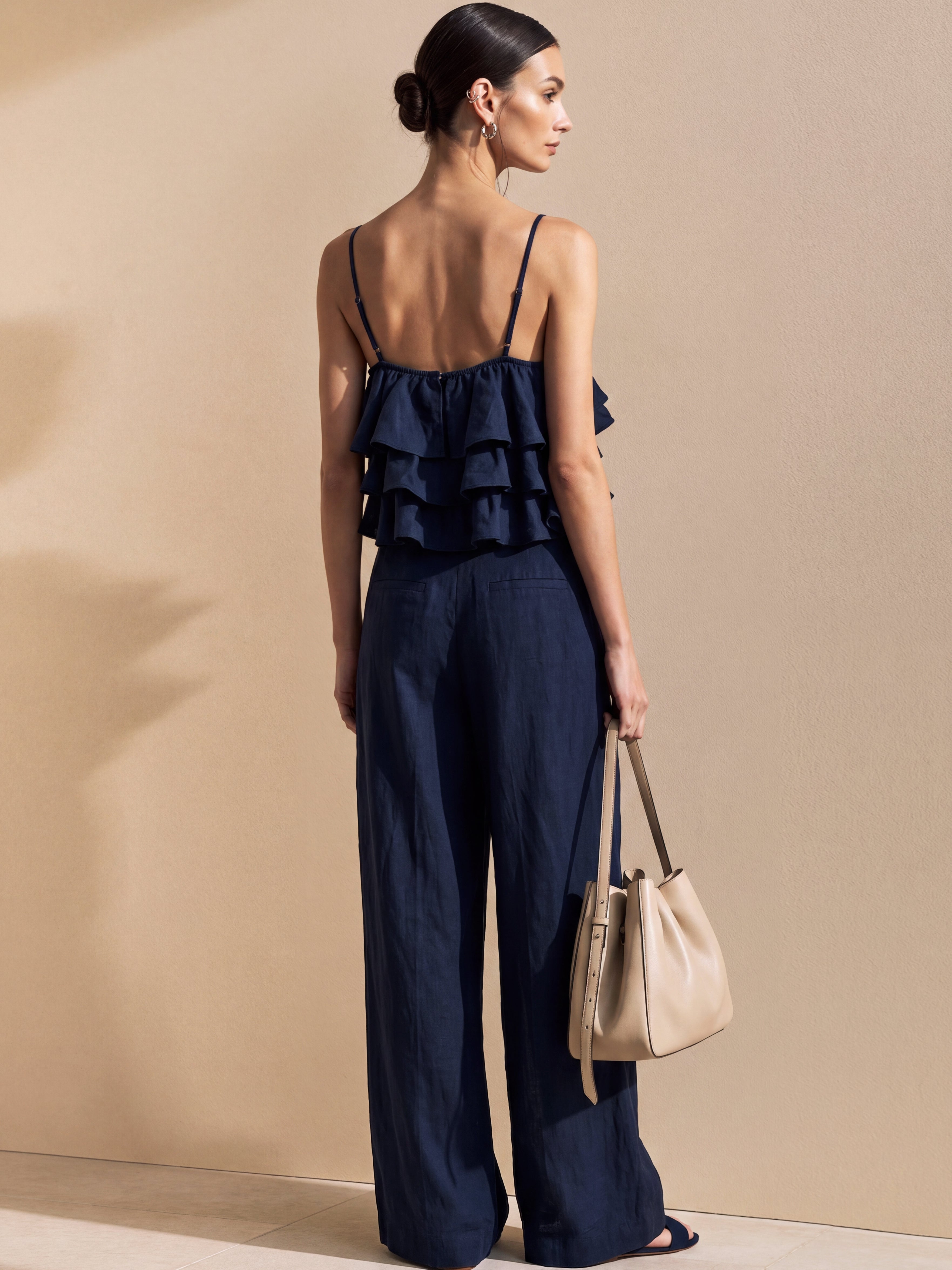 Liserie Linen Navy  Ruffle Top & Wide-Leg Trousers Set