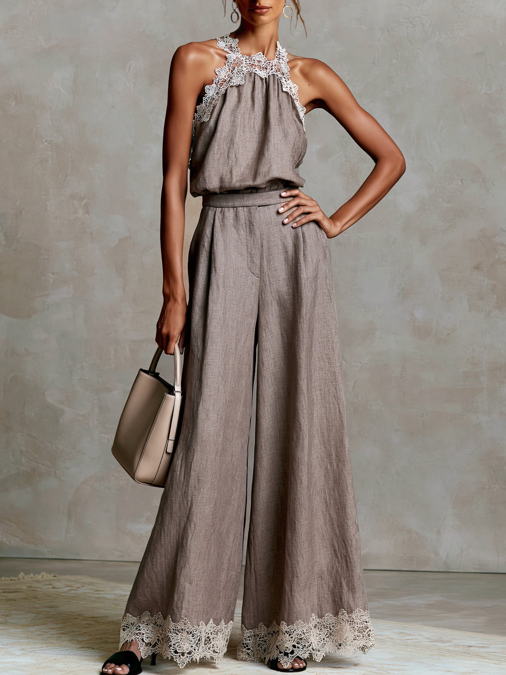 Liserie Linen Halter Neck Lace Trim Top& Wide-Leg Pants Set