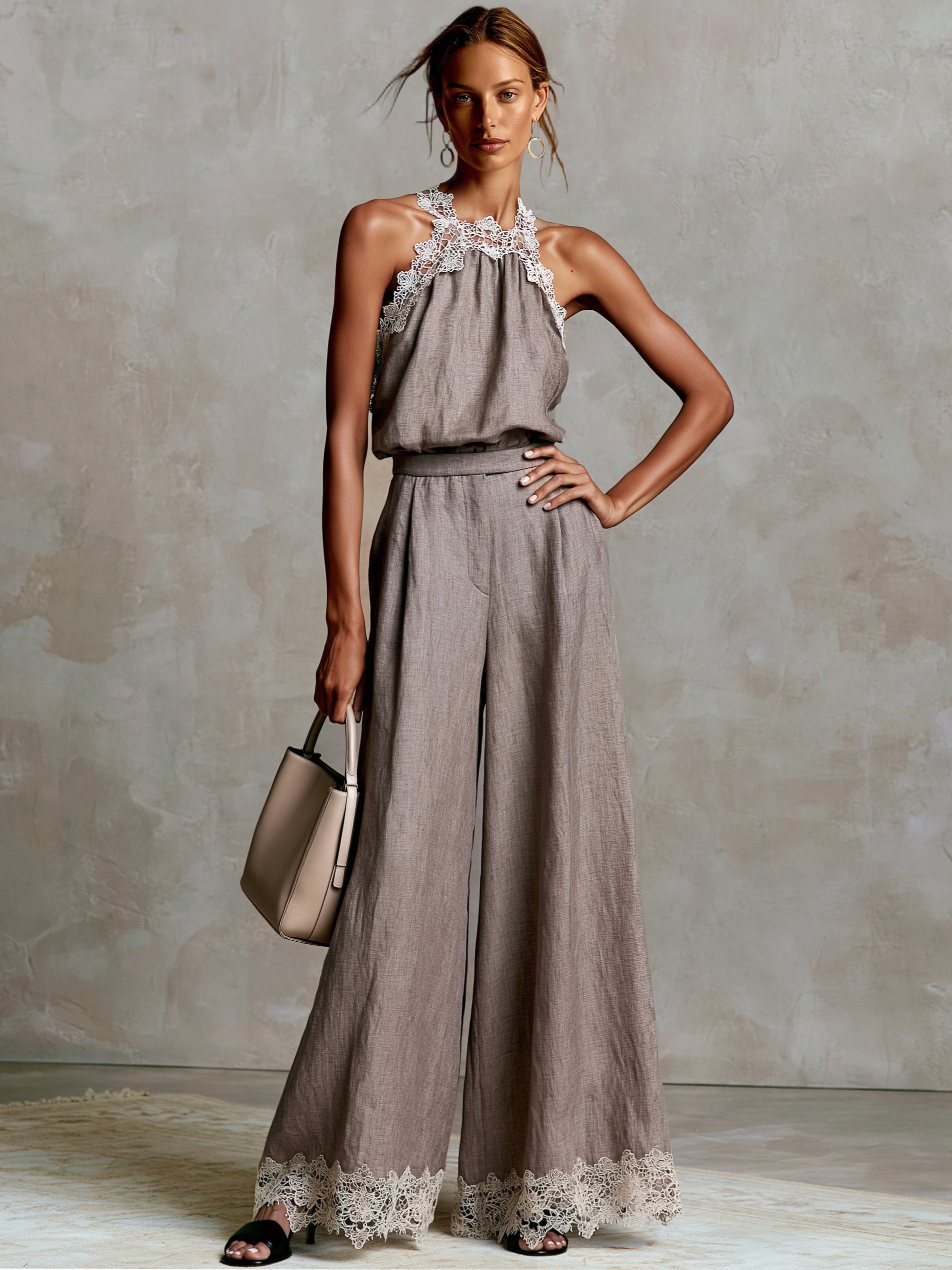 Liserie Linen Halter Neck Lace Trim Top& Wide-Leg Pants Set