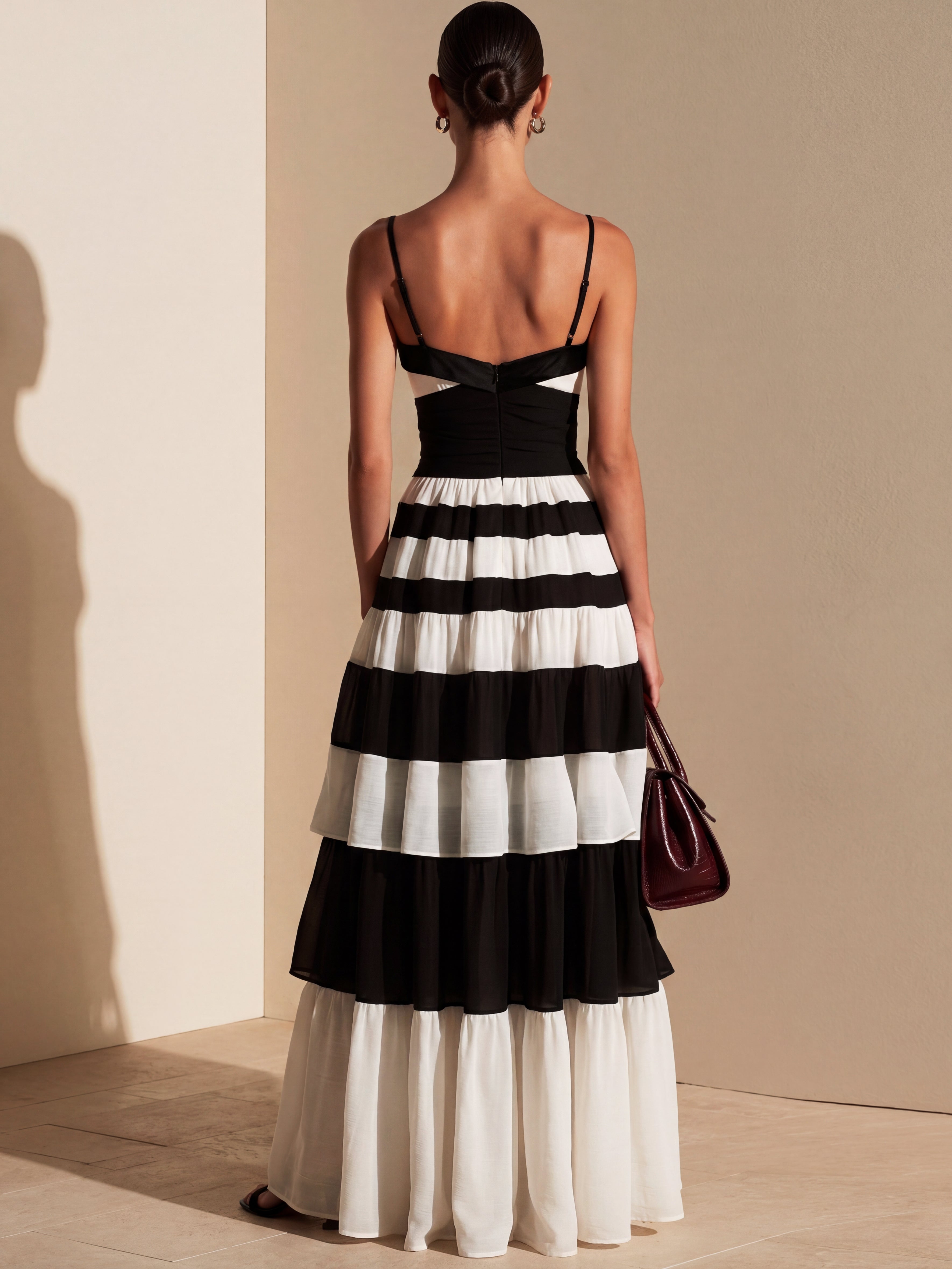Liserie Elegant Black & White Tiered Maxi Dress