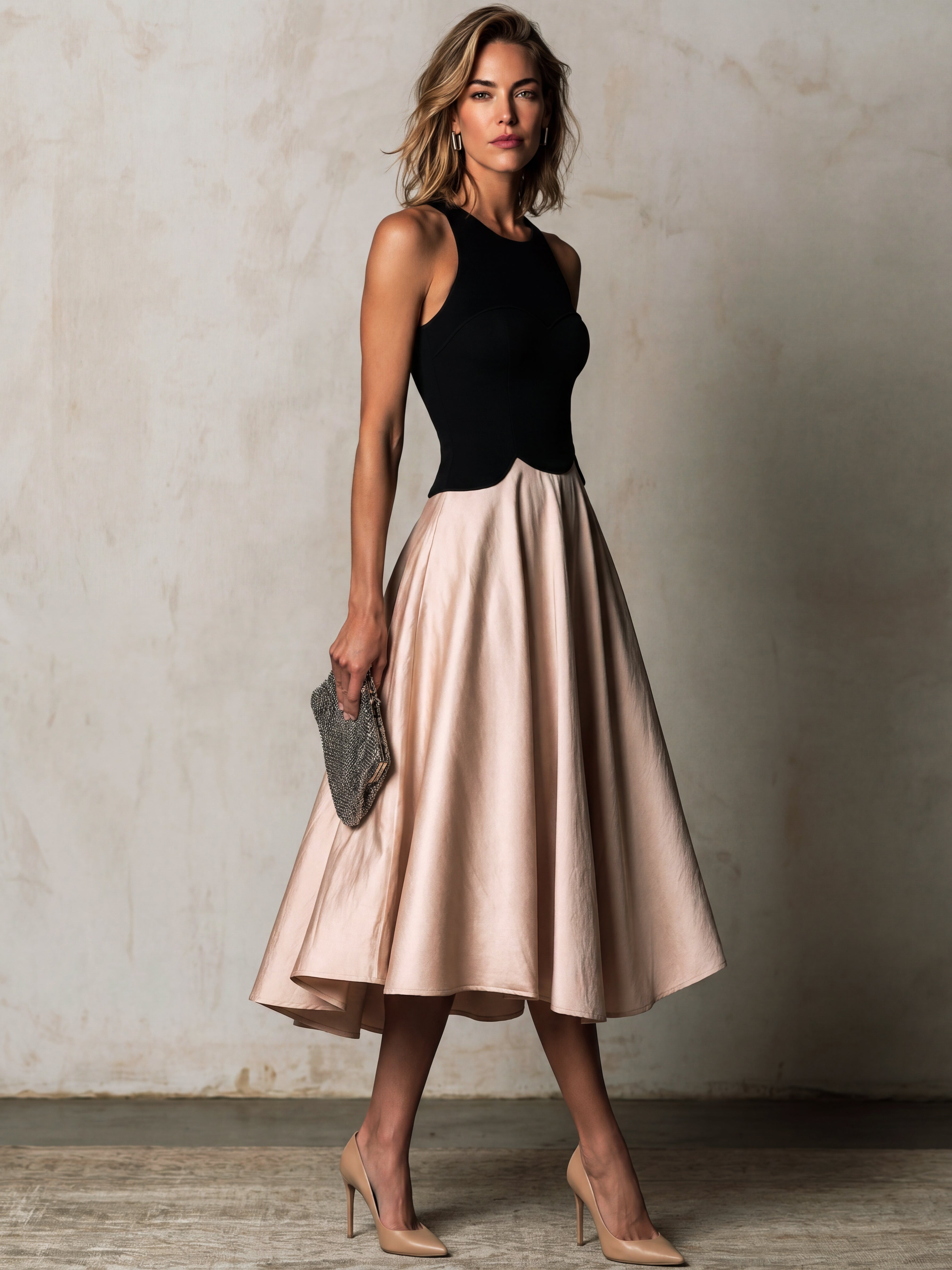 Liserie Elegant Color-Block Flare Midi Dress
