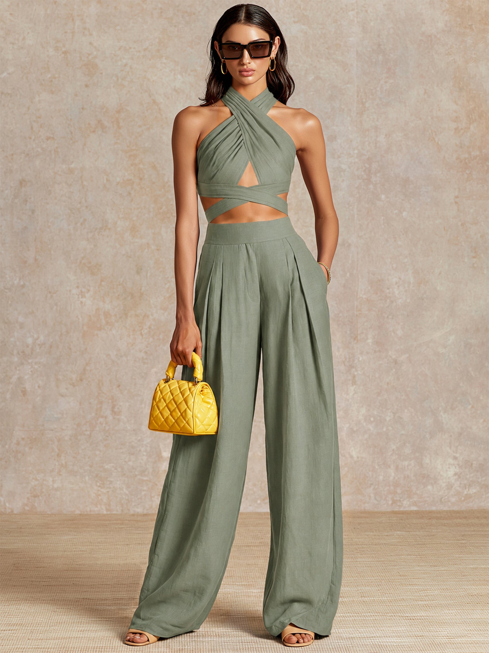 Liserie Cobalt Blue Linen Halter Crop Top & High-Waisted Wide Leg Pants Set