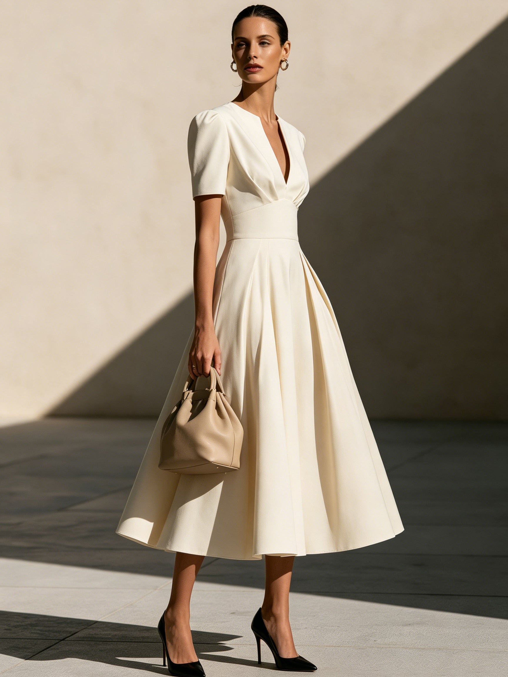 Liserie Cream Elegant Notch-Neck Midi Dress
