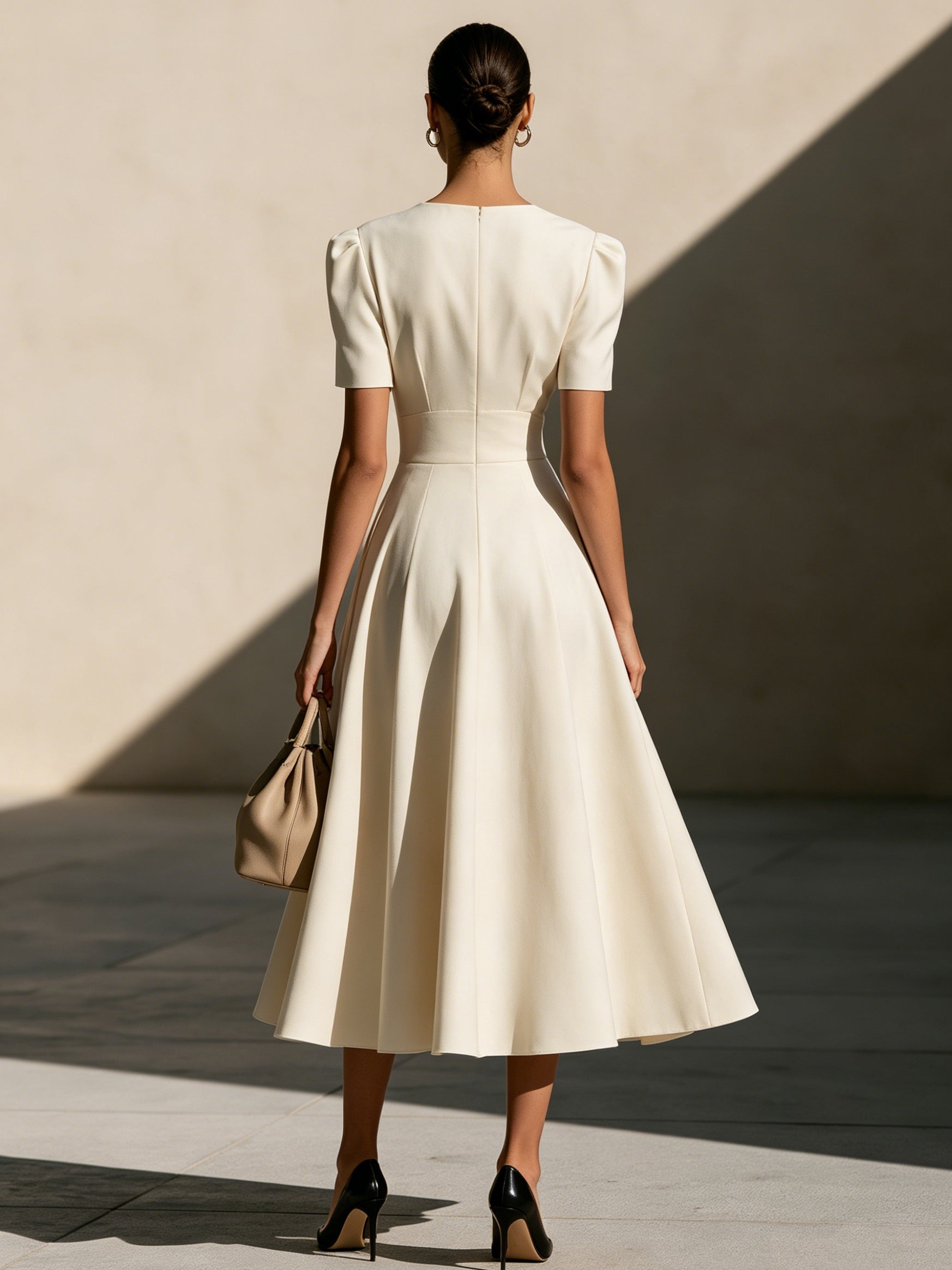 Liserie Cream Elegant Notch-Neck Midi Dress