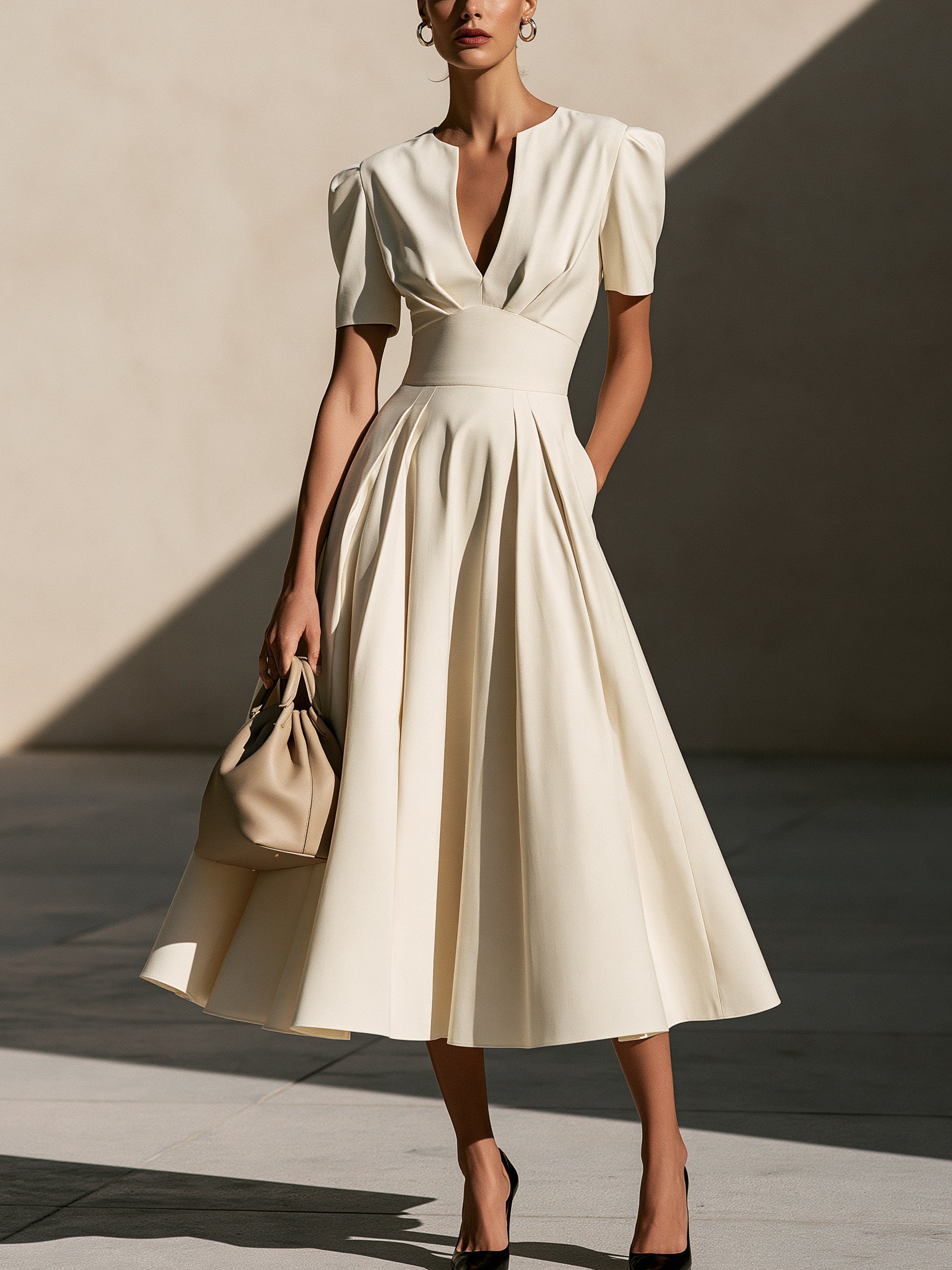 Liserie Cream Elegant Notch-Neck Midi Dress
