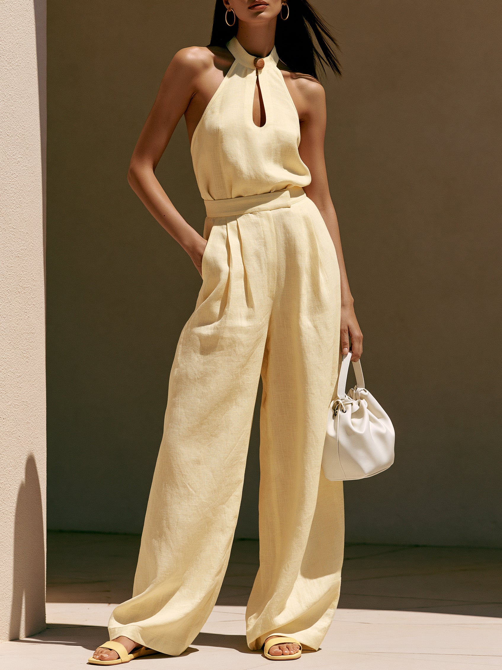 Liserie Linen “Butter Yellow” Halter Top & Wide-Leg Trousers Set
