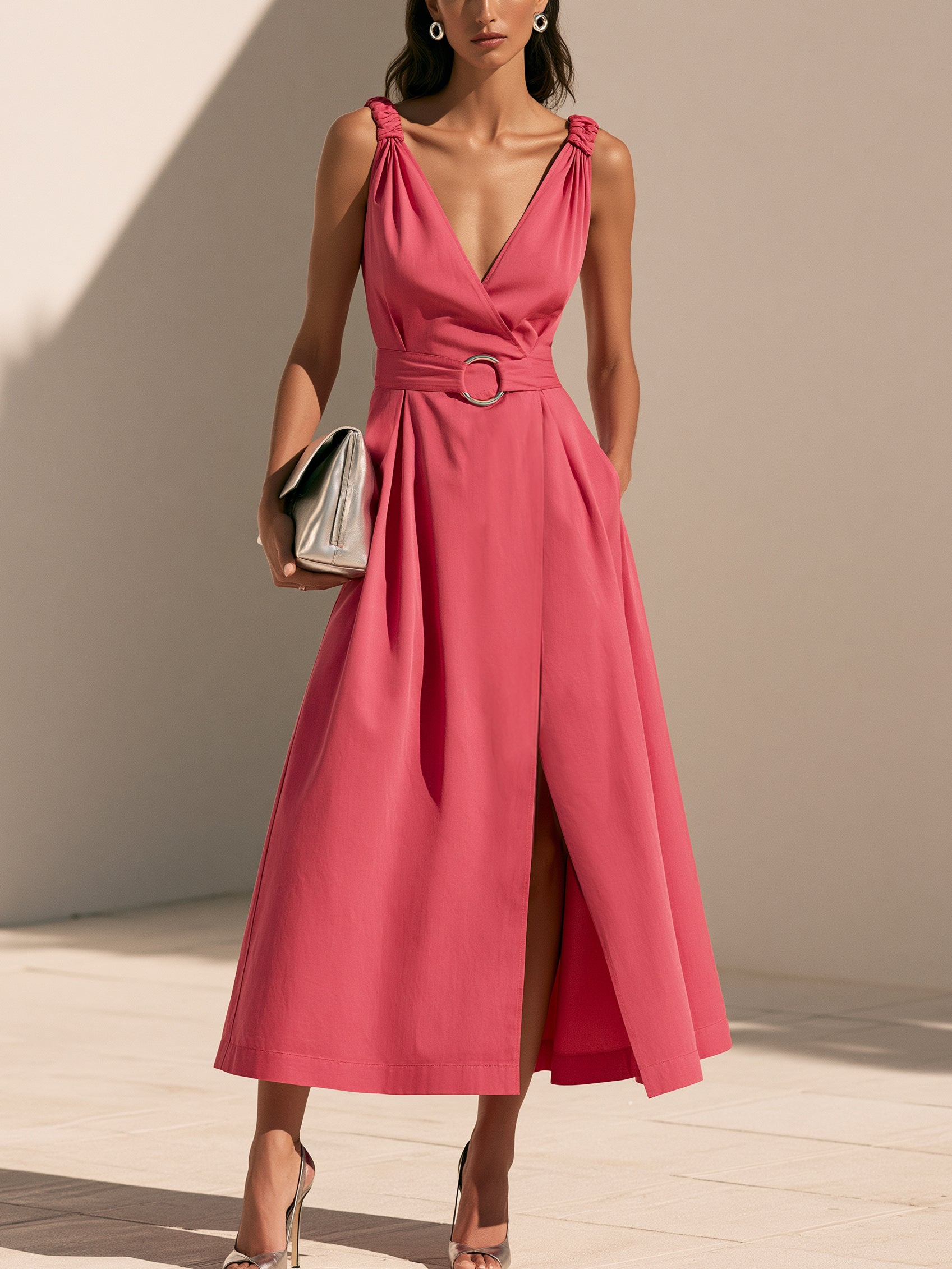 Liserie Watermelon Pink V-Neck Midi Dress