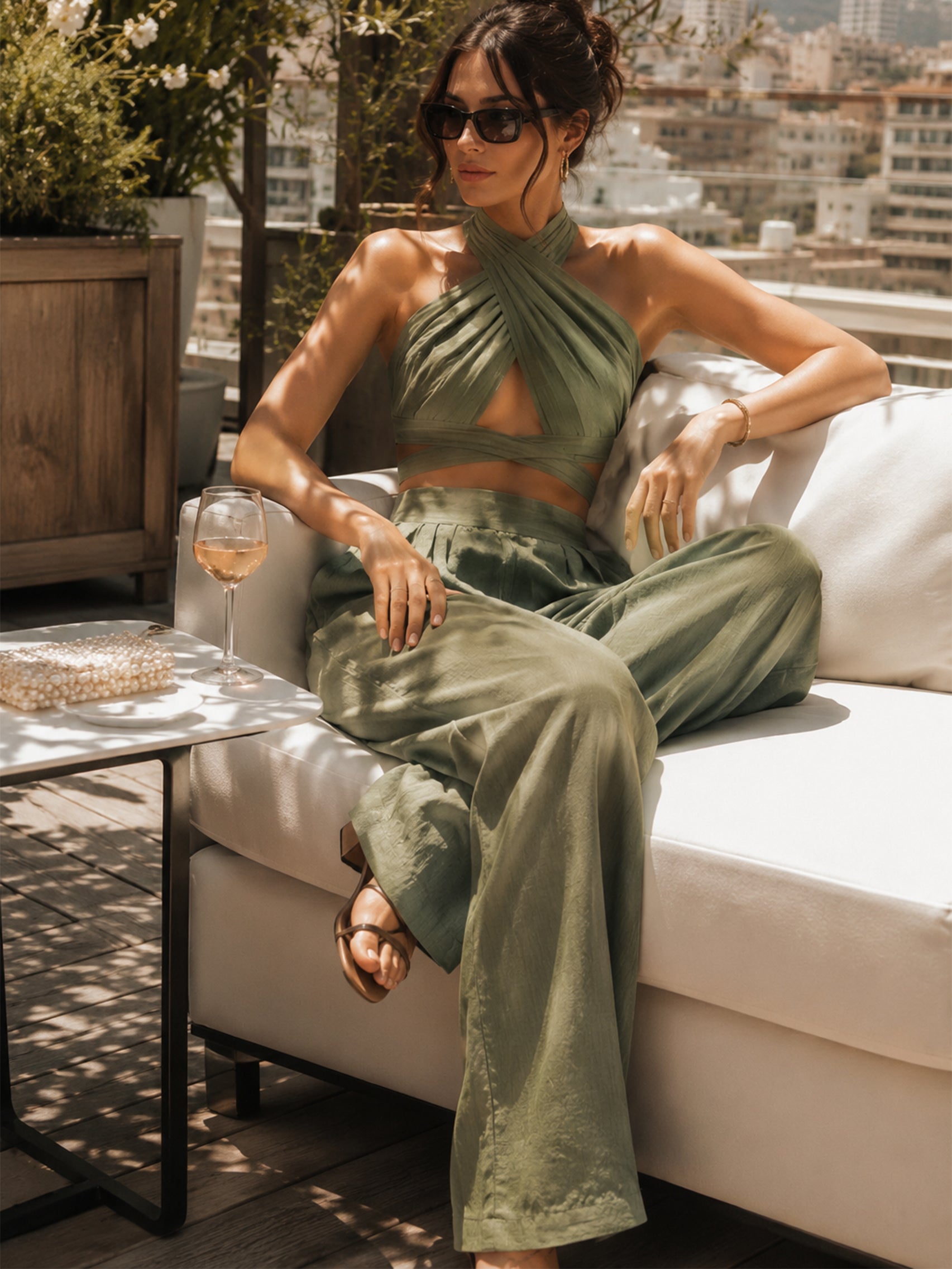 Liserie Cobalt Blue Linen Halter Crop Top & High-Waisted Wide Leg Pants Set