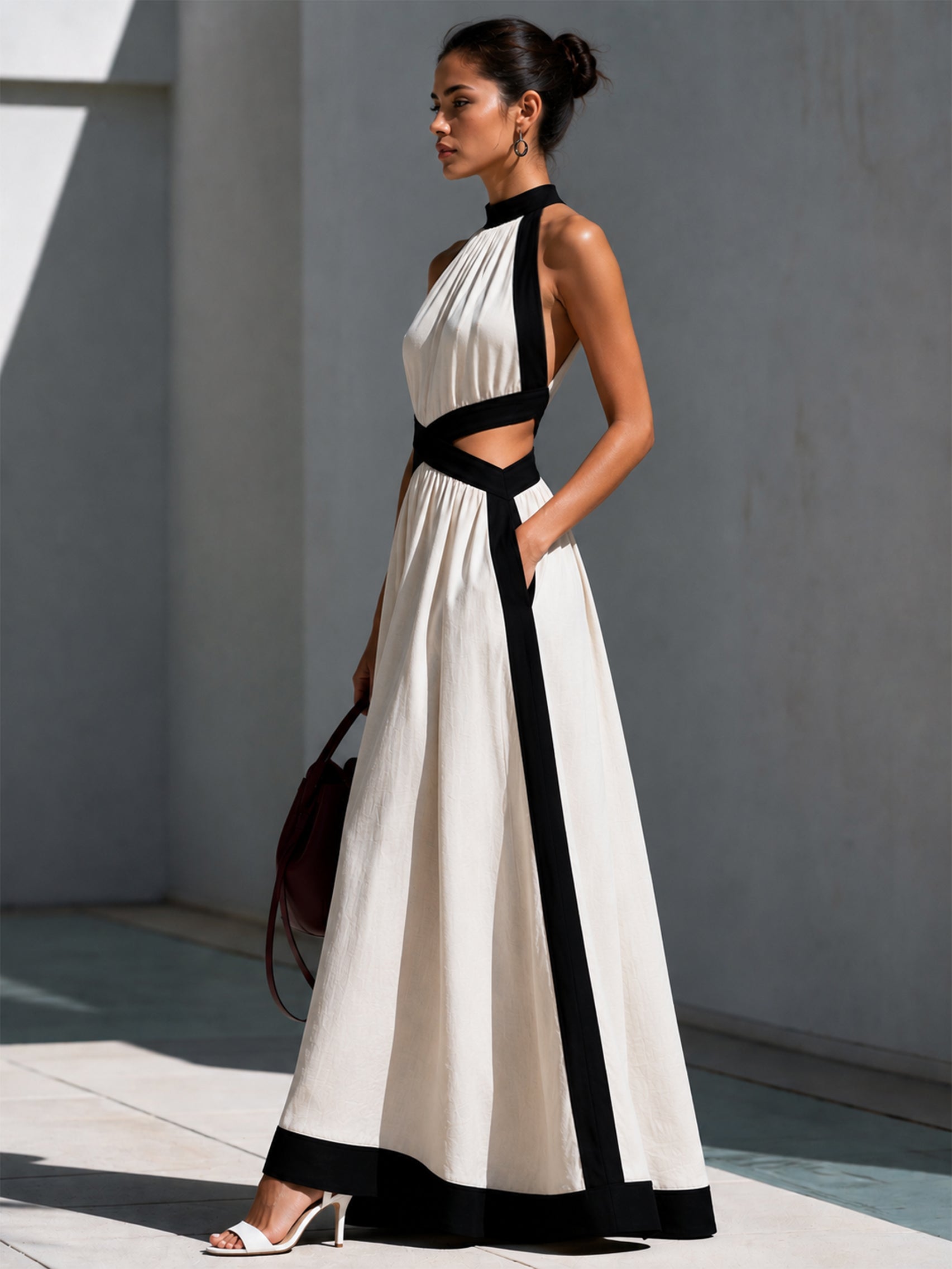Liserie Linen Cross Waist & Contrast Trim Maxi Dress