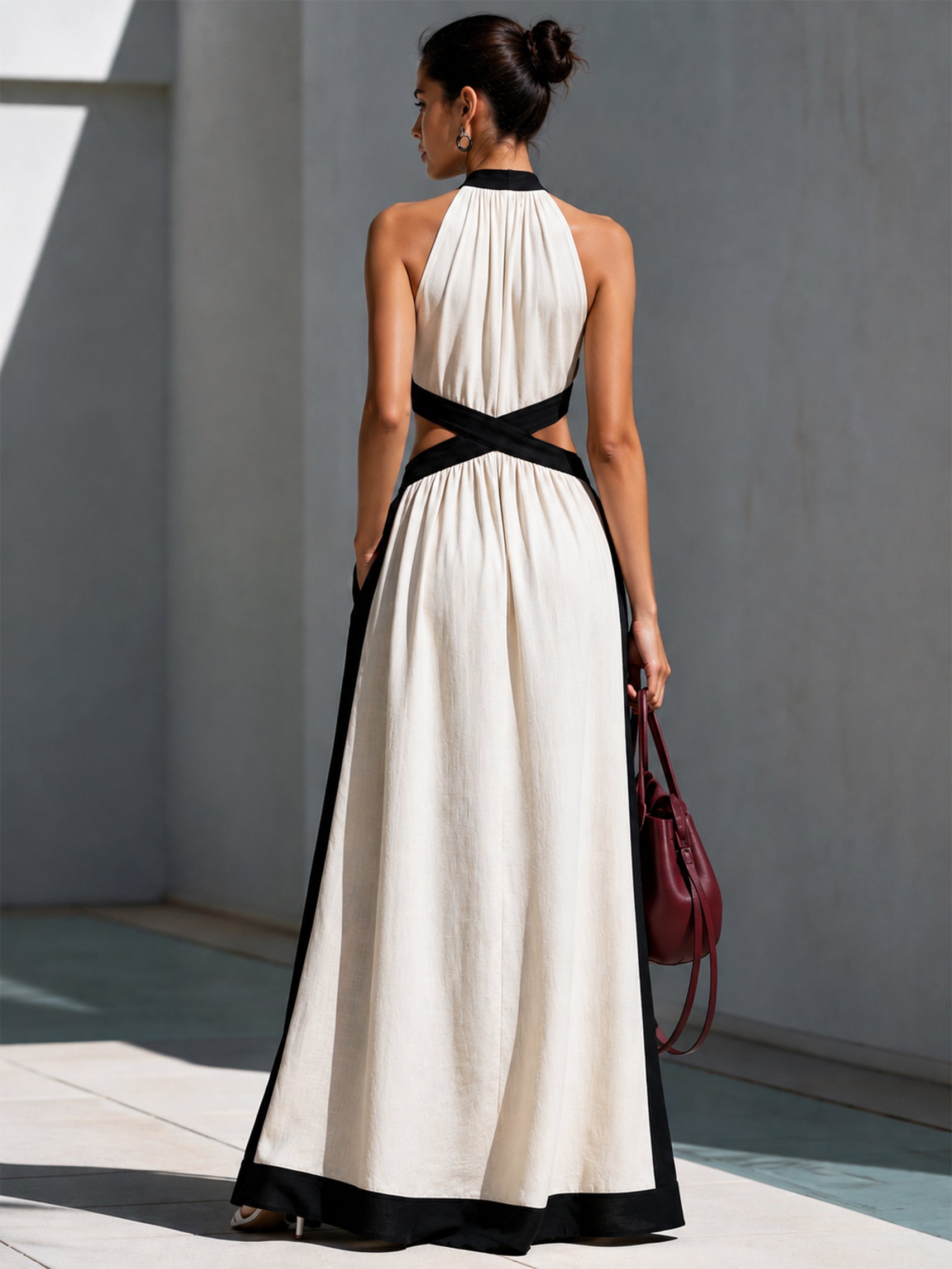 Liserie Linen Cross Waist & Contrast Trim Maxi Dress