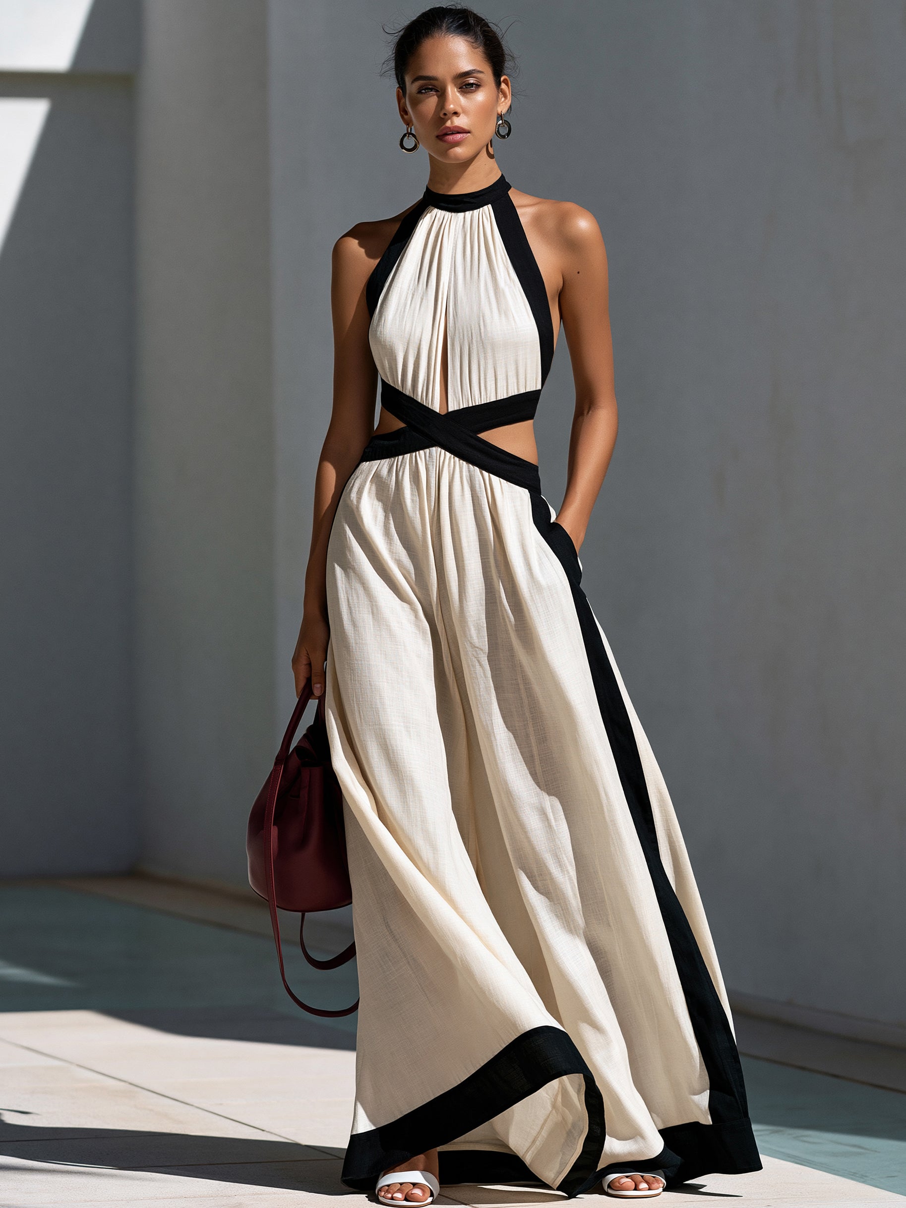 Liserie Linen Cross Waist & Contrast Trim Maxi Dress