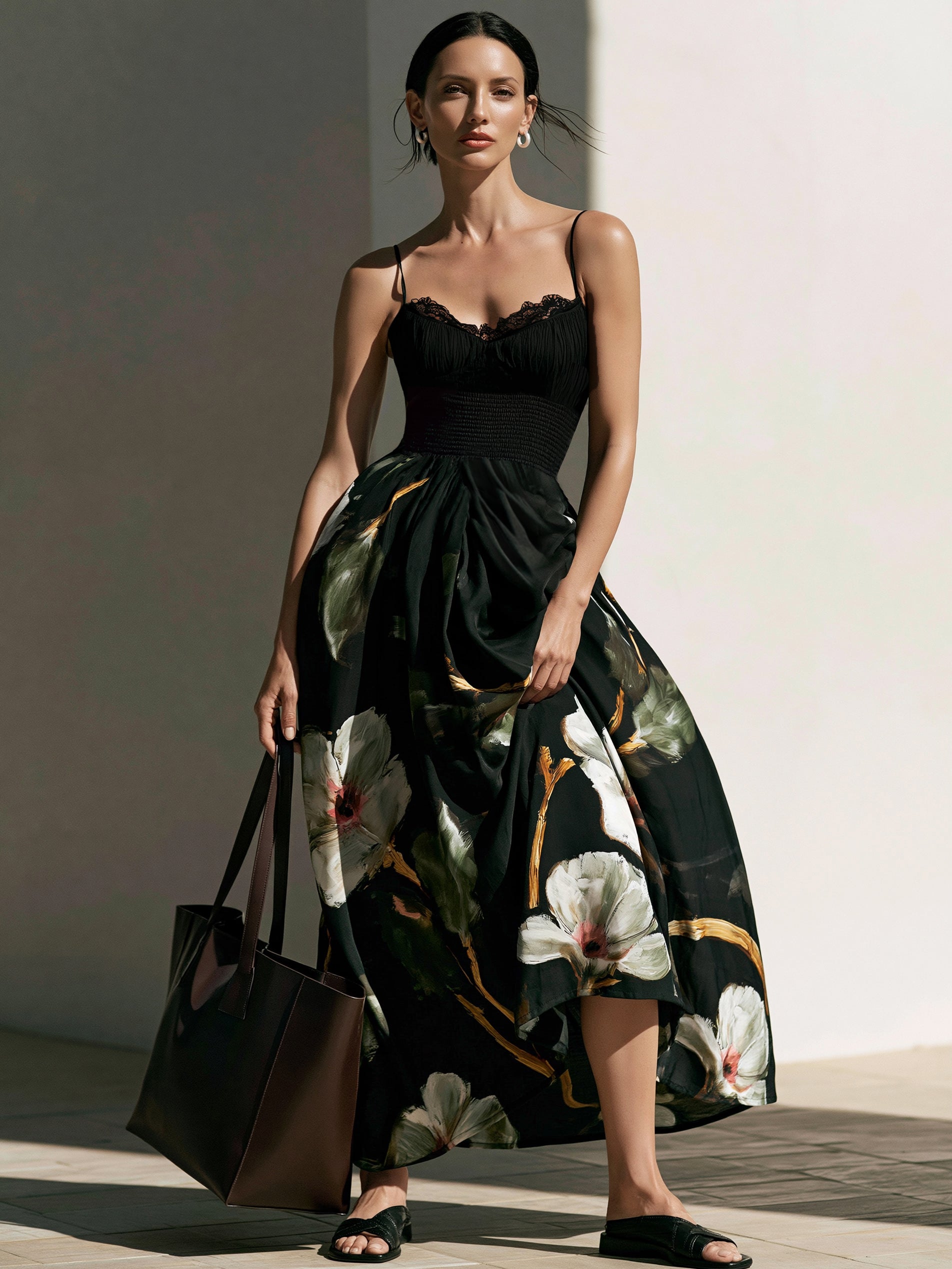 Liserie Chiffon Black Floral Print Midi Dress