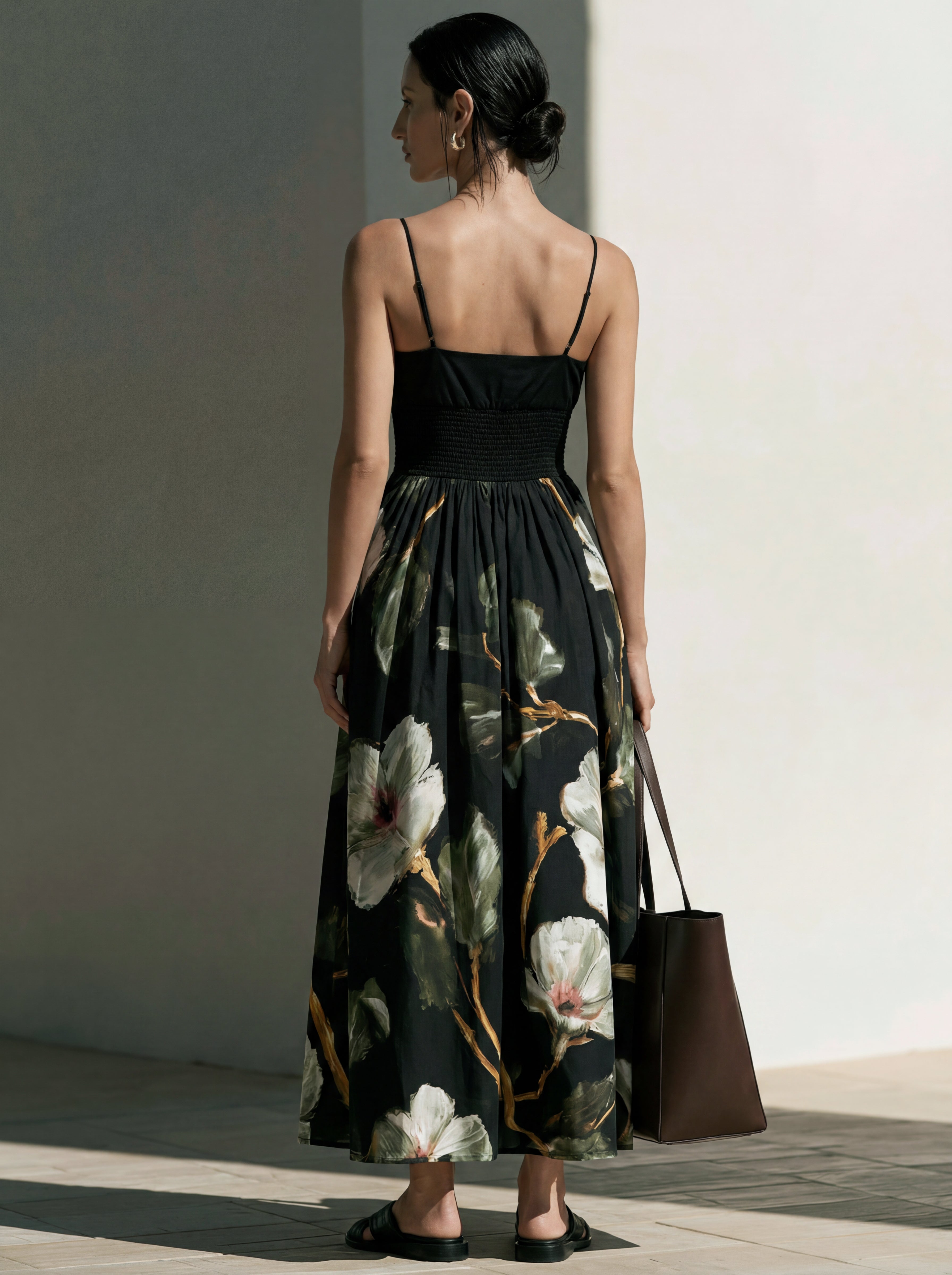 Liserie Chiffon Black Floral Print Midi Dress