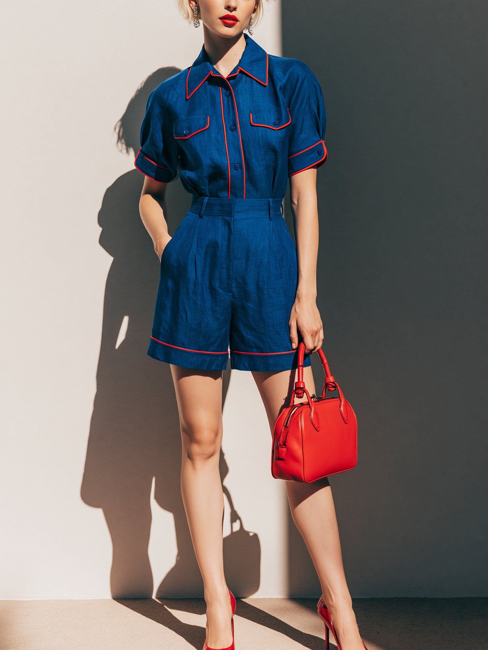 Liserie Linen Cobalt Blue Contrast Shirt & Shorts Set
