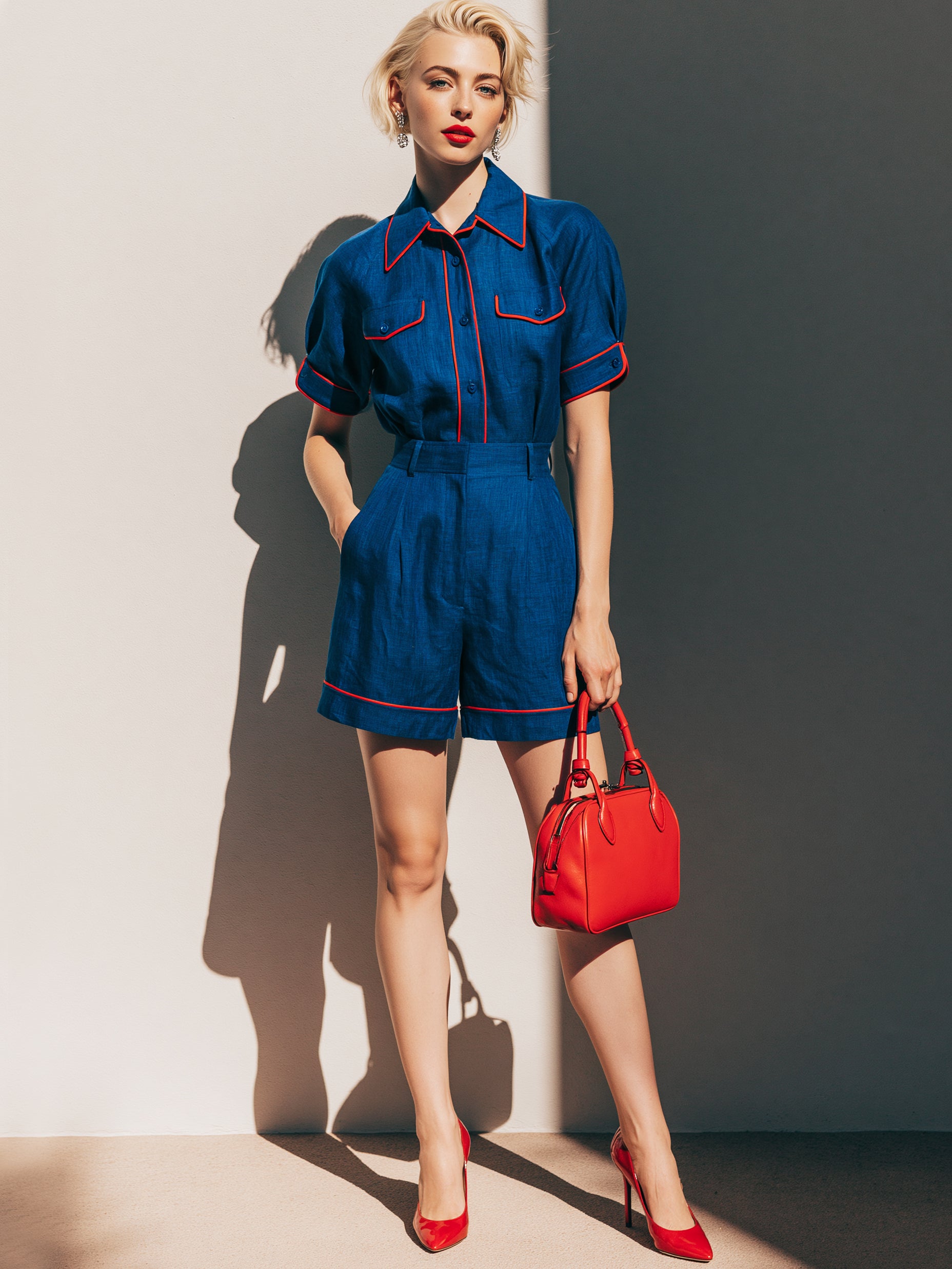 Liserie Linen Cobalt Blue Contrast Shirt & Shorts Set