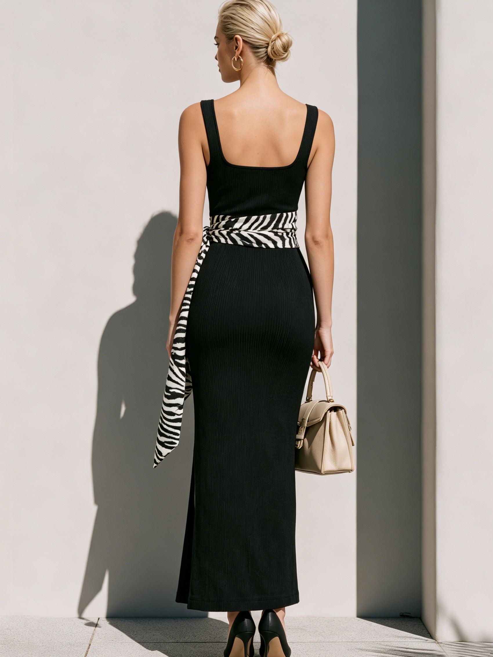 Liserie Elegant Ribbed Square Neck Maxi Dress With Zebra Waist Tie