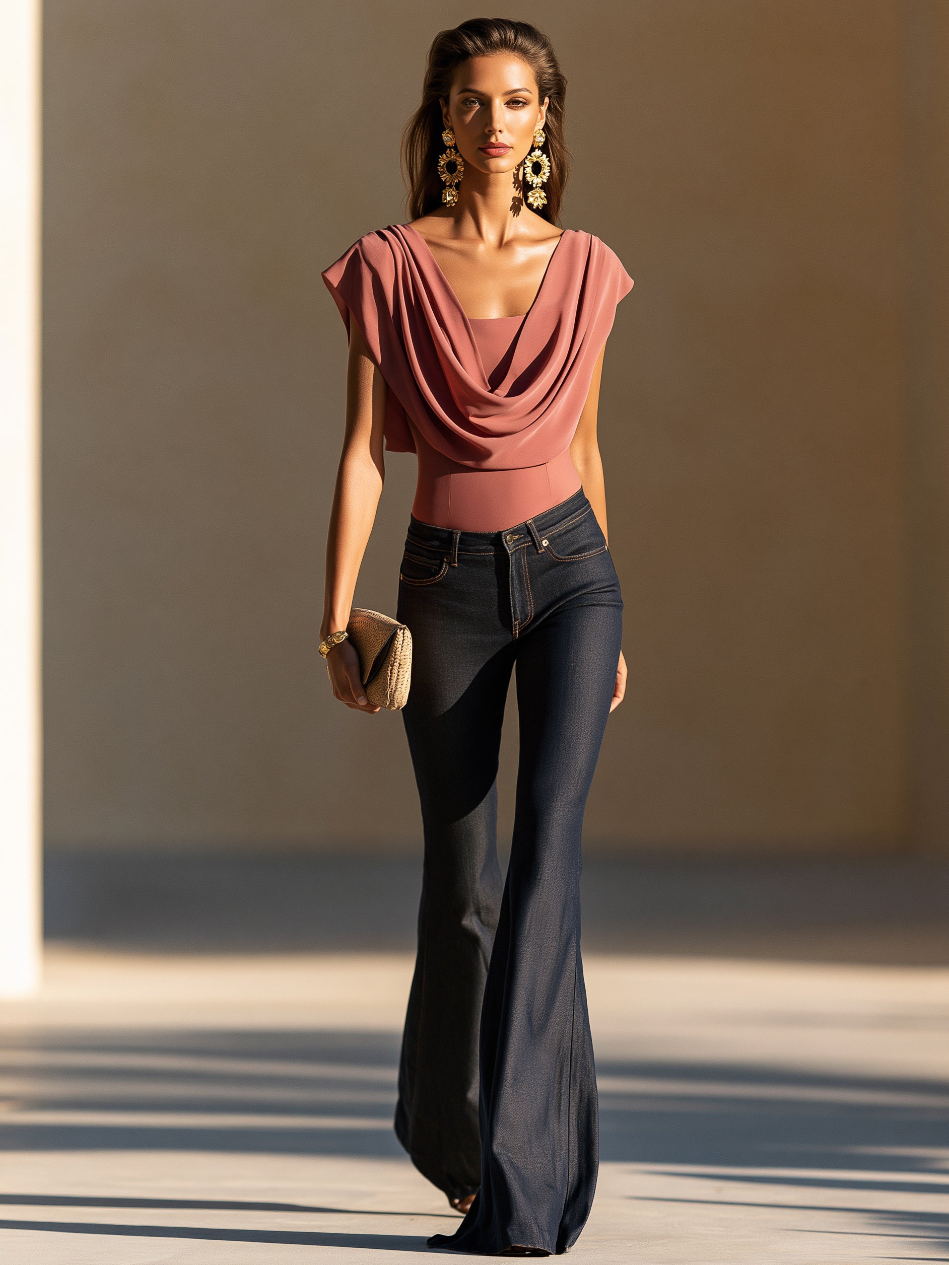 Liserie Sleeveless Top With Cowl Neck & High Rise Flare Denim Jeans Set