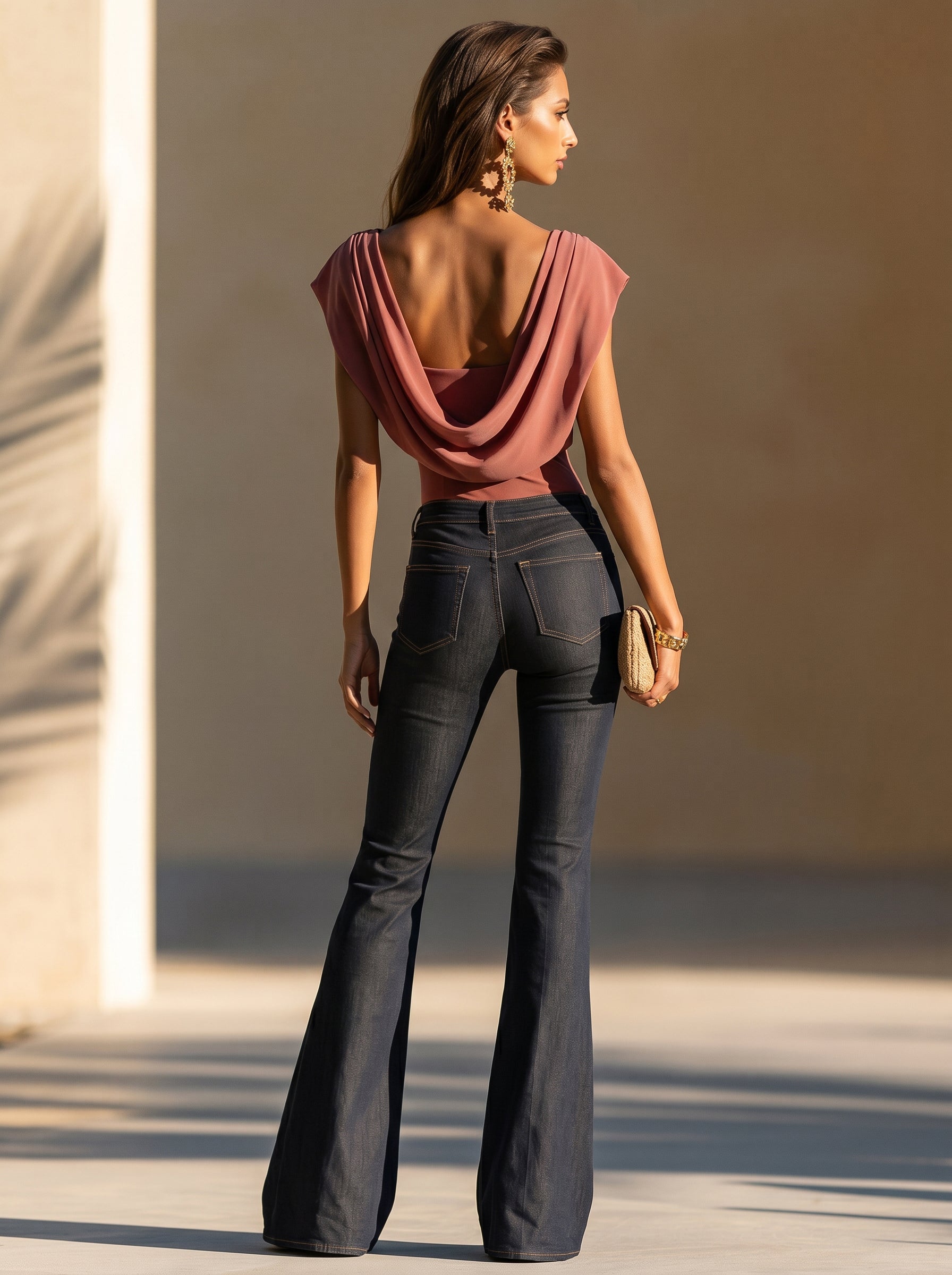 Liserie Sleeveless Top With Cowl Neck & High Rise Flare Denim Jeans Set