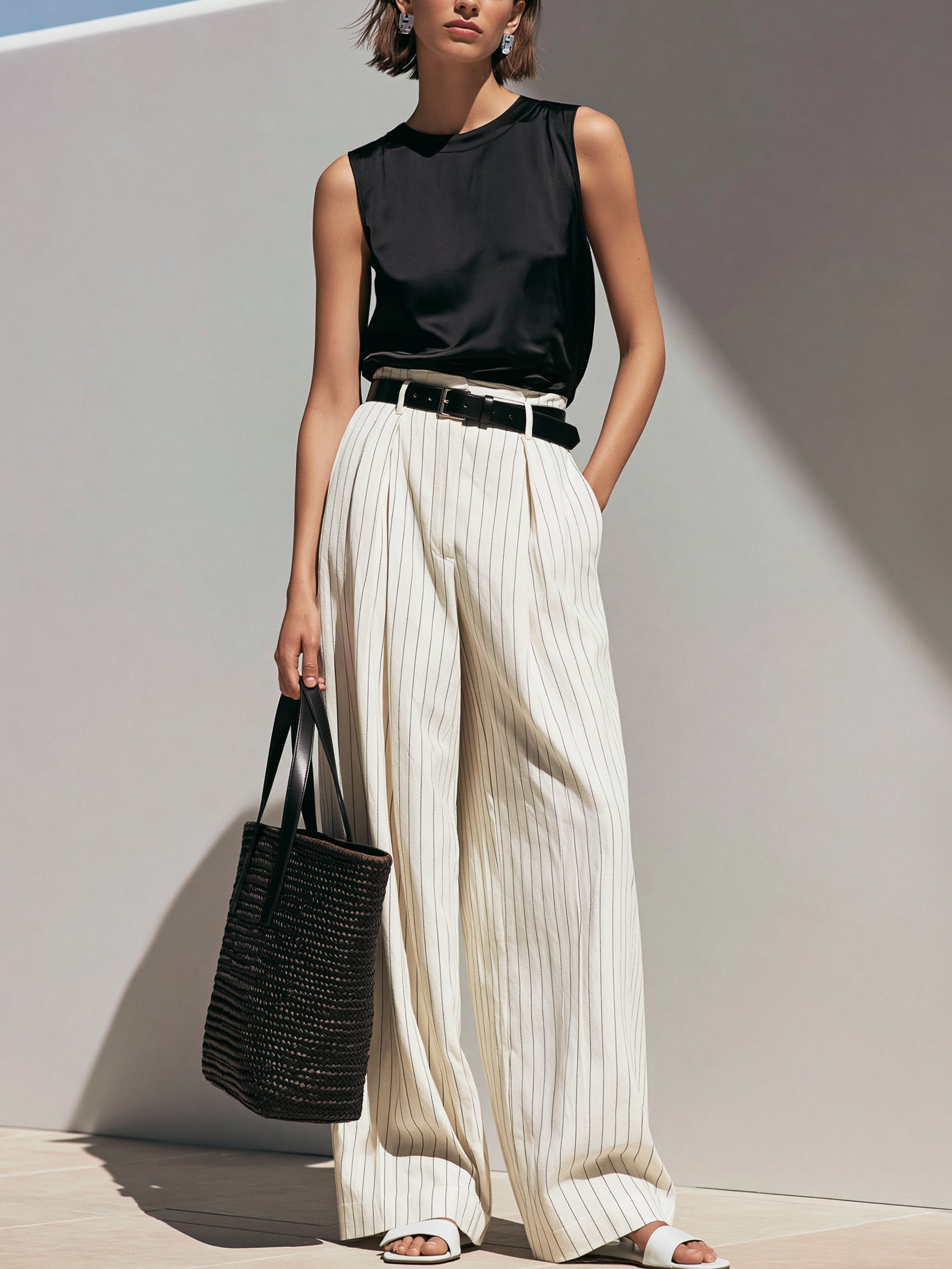 Liserie Elegant Black Satin Tank & Cream Pinstripe Pleated Trousers  Set